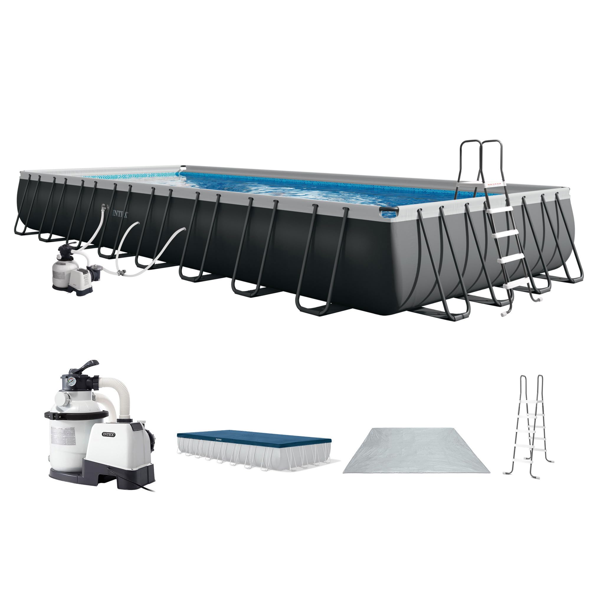 INTEX Ultra XTR 18 ft x 9 ft 52 in Above Ground Pool Set, Rectangular Swimming Pool with Steel Frame, 1500 GPH Sand Filter Pump, Ladder, Cover, & Ground Cloth