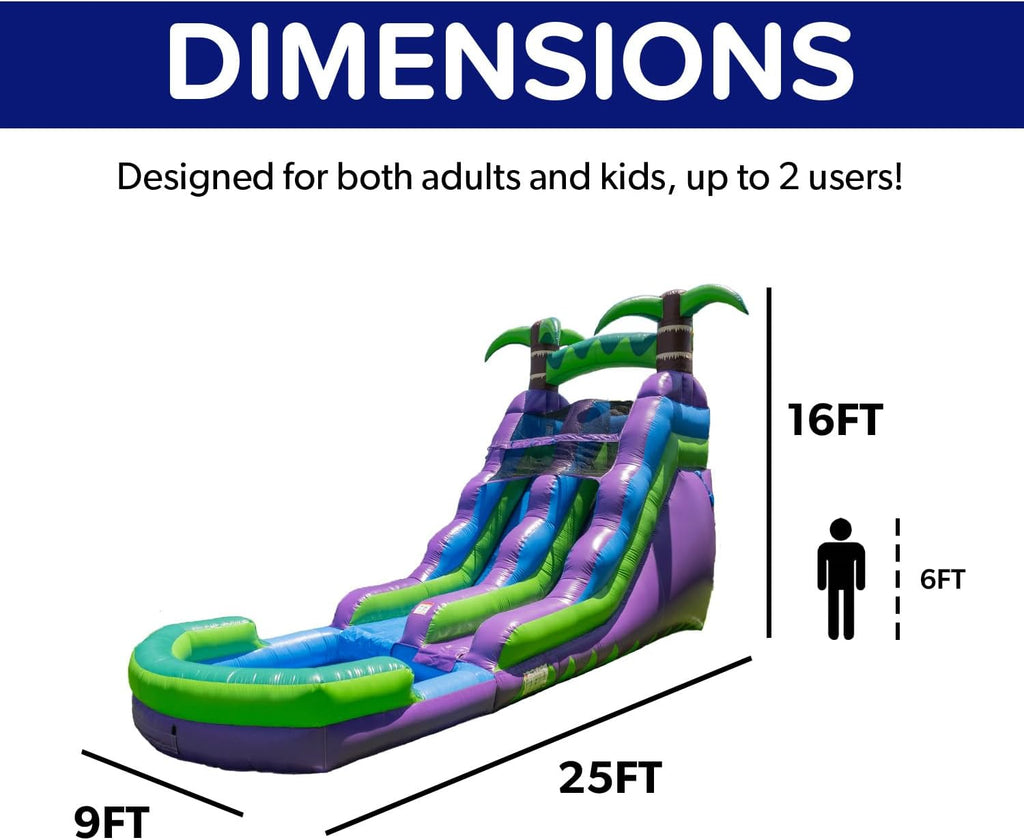 HeroKiddo 16ft Tropical Inflatable Water Slide with Pool, 25ft Long- 100% Commercial Grade PVC Vinyl, Reinforced Strength Wet/Dry Fun, Front Load Entry for Easy Supervision