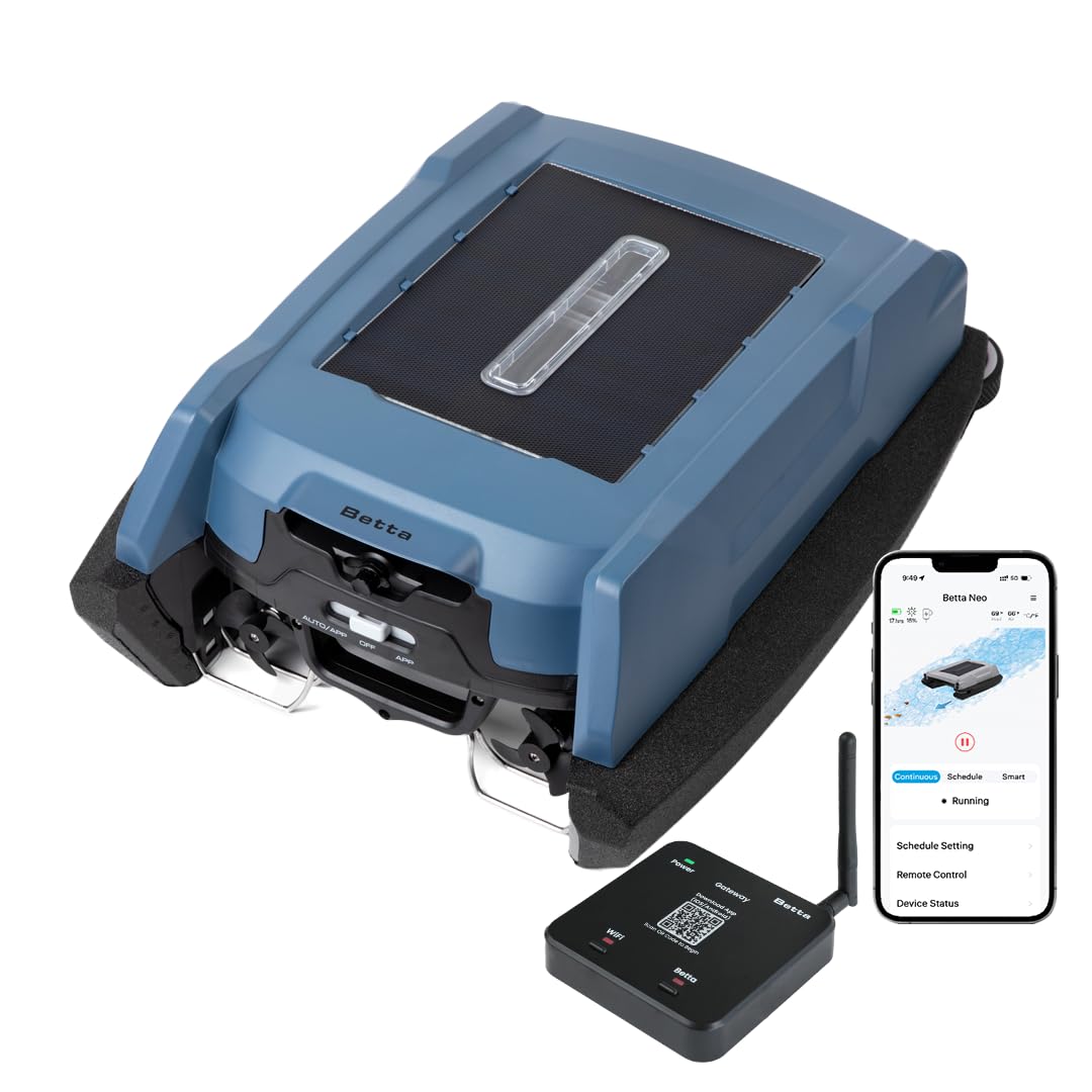 Betta Neo Solar-Powered Robotic Pool Skimmer with App Control & Ultra Long-Range Gateway System, Weather-Adaptive & Scheduled Cleaning, Dual Charging Options, for In-Ground & Above-Ground Pools (Grey)