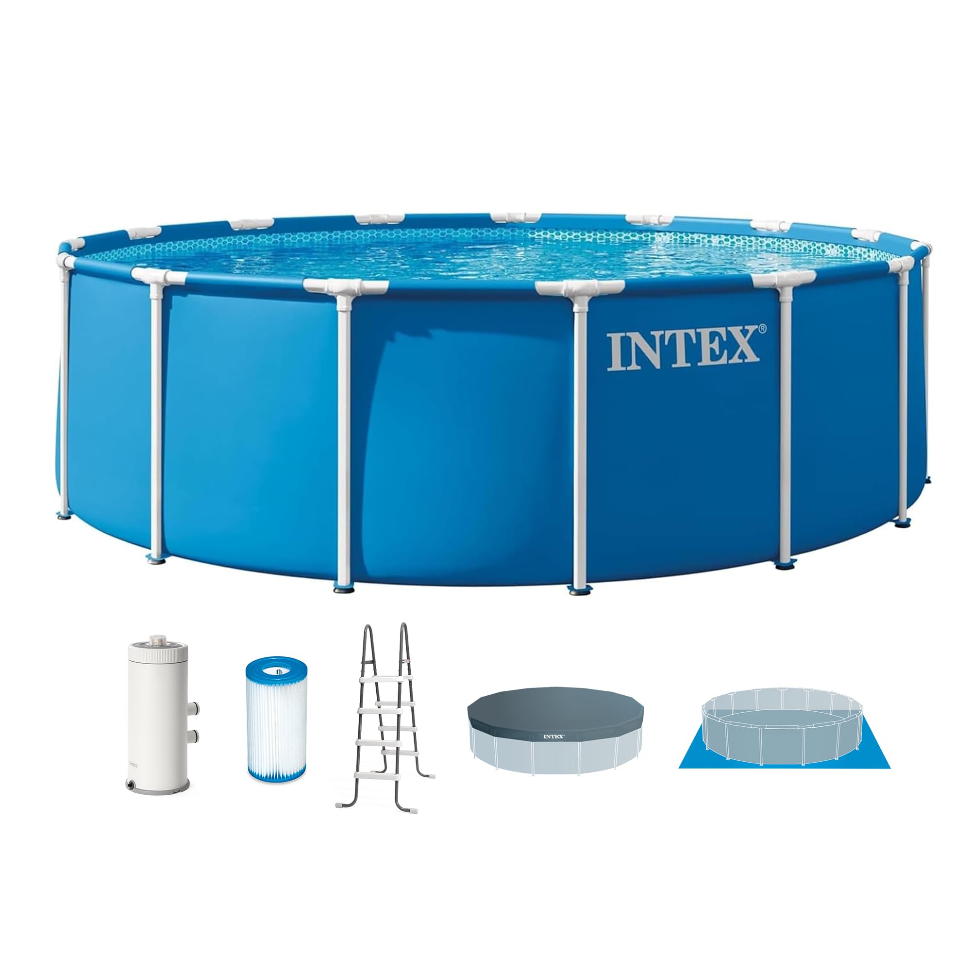 INTEX Metal Frame 15 ft x 48 in Above Ground Pool Set, Round Swimming Pool with Steel Frame, 1000 GPH Cartridge Filter Pump, and Type A Filter Cartridge