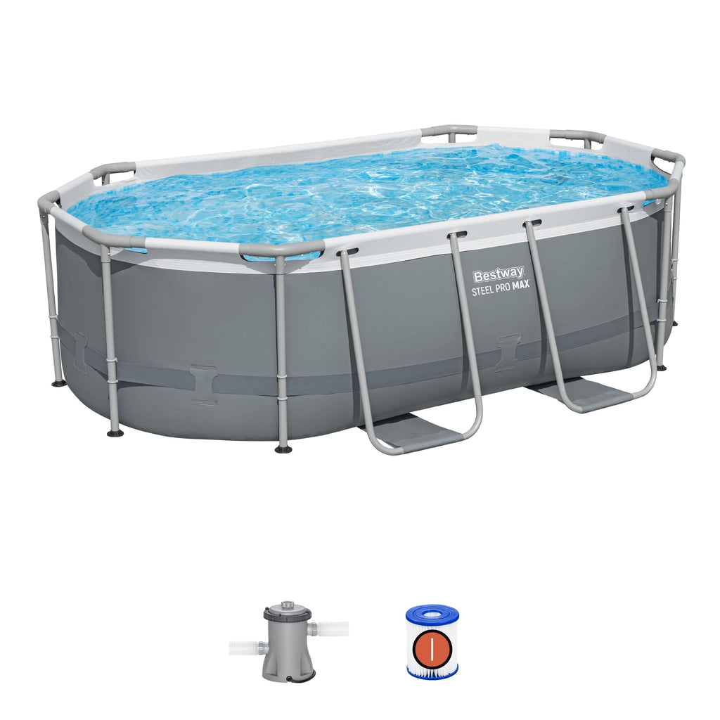 Bestway Steel Pro MAX 14' x 8'2" x 39.5" Oval Above Ground Swimming Pool Set, 530 GPH Filter Pump, Ladder, Tritech Puncture Resistant Liner, ClickConnect Steel Frame, Gray