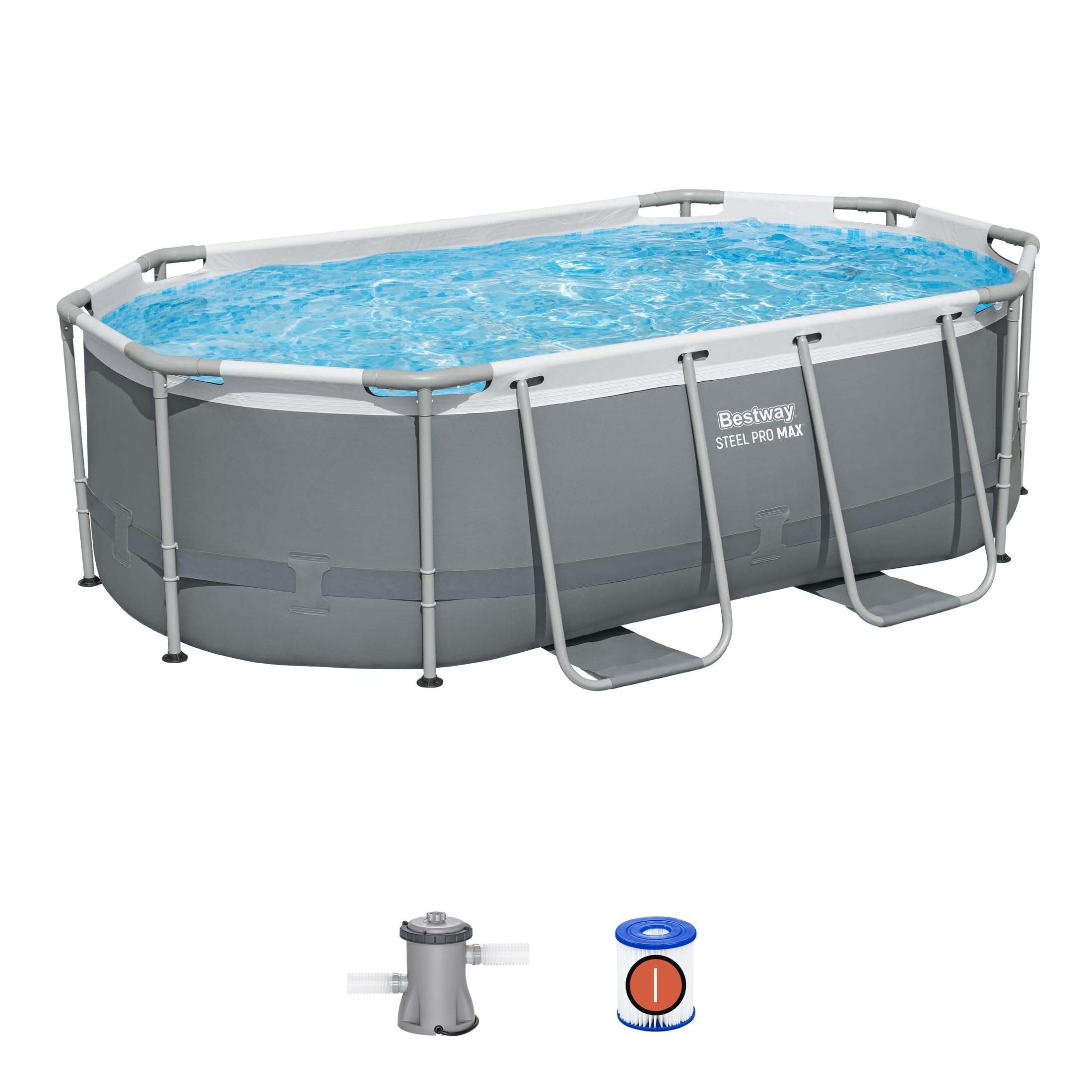 Bestway Steel Pro MAX 14' x 8'2" x 39.5" Oval Above Ground Swimming Pool Set, 530 GPH Filter Pump, Ladder, Tritech Puncture Resistant Liner, ClickConnect Steel Frame, Gray
