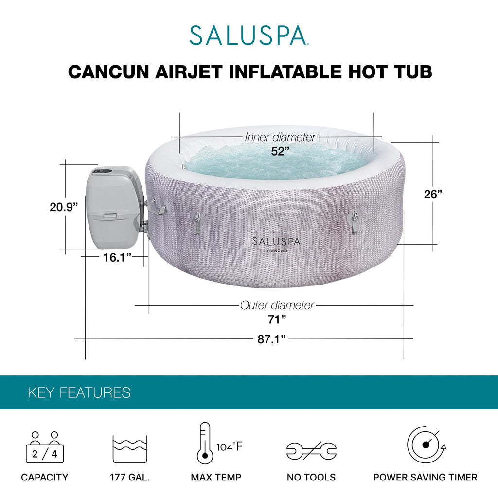 Bestway SaluSpa Cancun 2 to 4 Person Inflatable Hot Tub, Round Energy-Efficient Portable Outdoor Spa with 120 AirJets, 71" x 26"