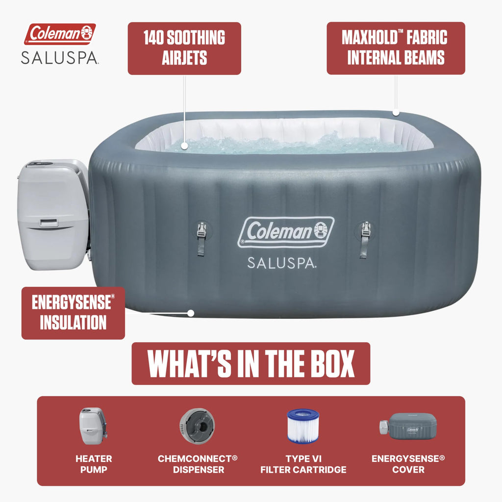 Coleman SaluSpa AirJet 4 to 6 Person Inflatable Hot Tub Square Portable Outdoor Spa with 140 Soothing AirJets and Insulated Cover, Gray
