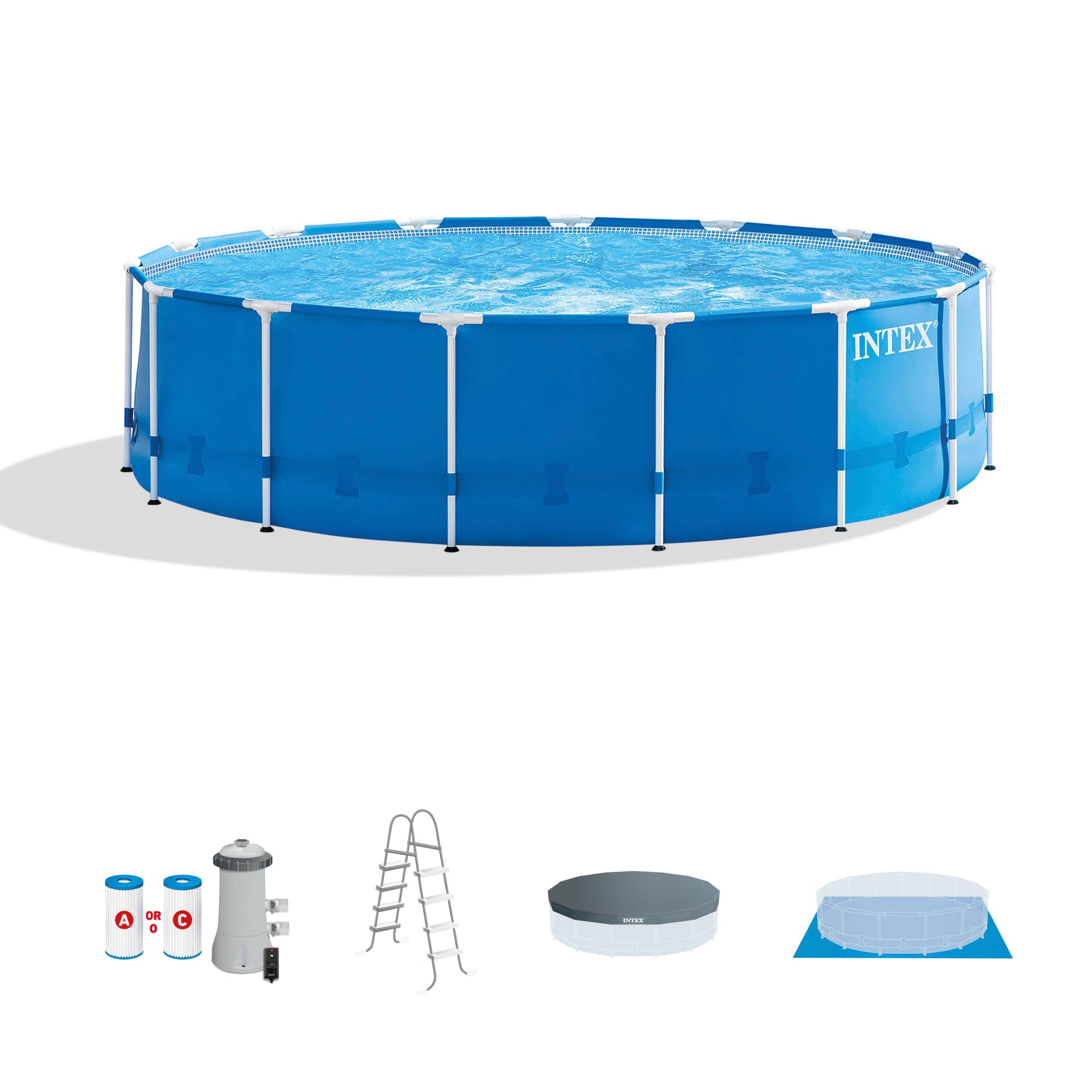 INTEX Metal Frame 15 ft x 48 in Above Ground Pool Set, Round Swimming Pool with Steel Frame, 1000 GPH Cartridge Filter Pump, and Type A Filter Cartridge