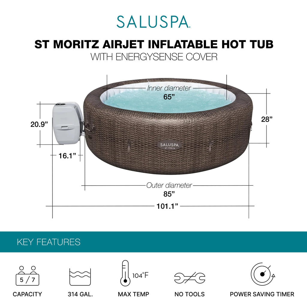 Bestway SaluSpa St Moritz Large Round AirJet 7 Person Inflatable Hot Tub Portable Outdoor Spa with 180 Soothing AirJets and Cover, Brown