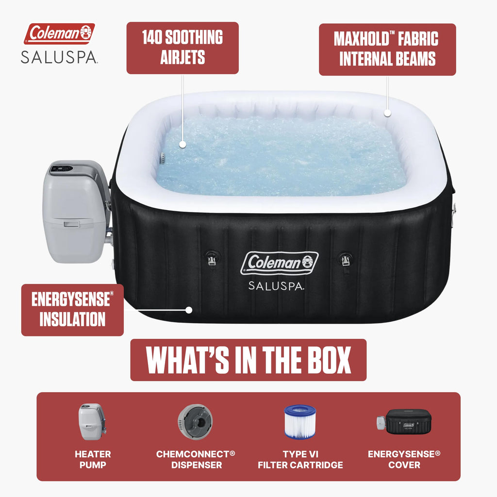 Coleman SaluSpa AirJet 4 to 6 Person Inflatable Hot Tub Square Portable Outdoor Spa with 140 Soothing AirJets and Insulated Cover, Gray