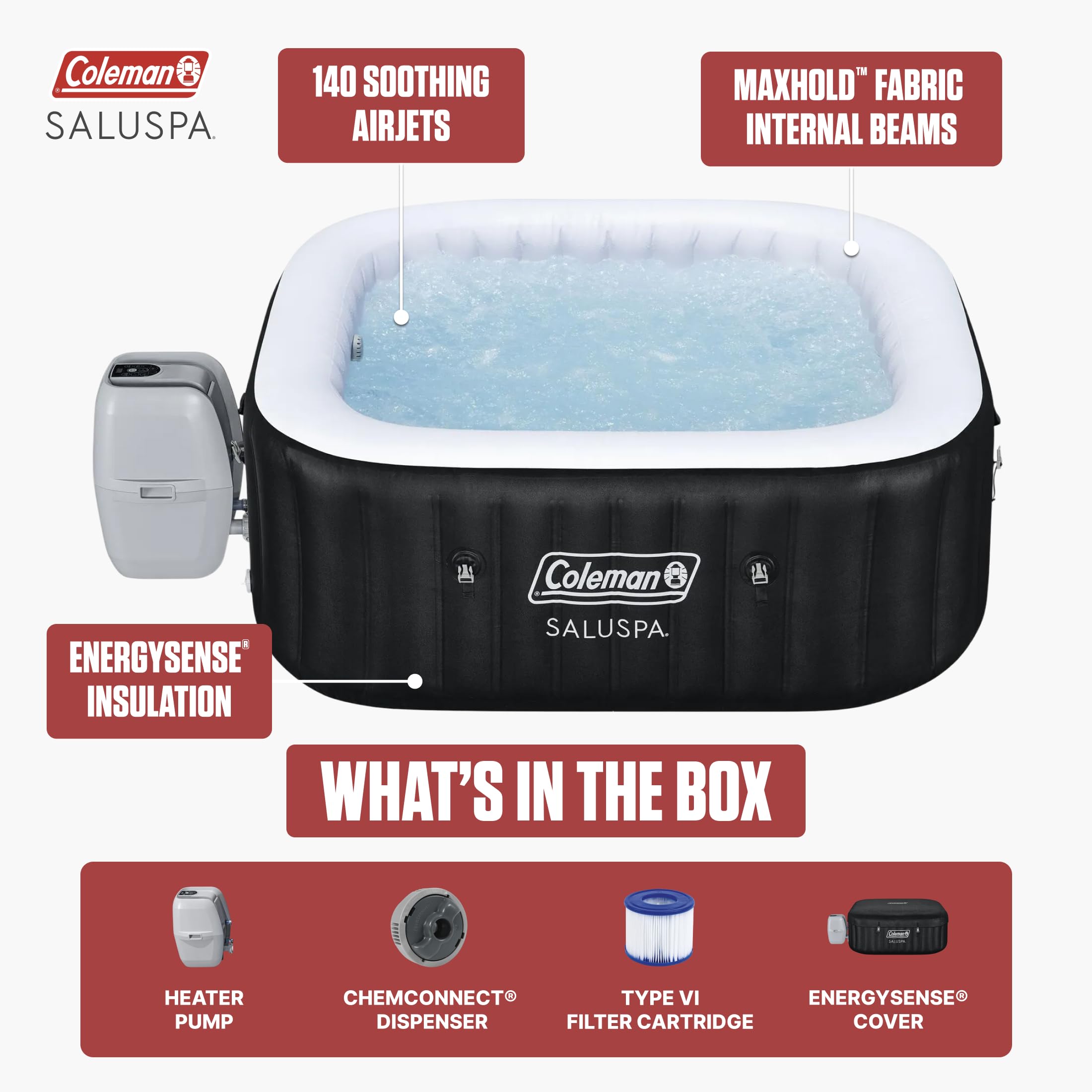 Coleman SaluSpa AirJet 4 to 6 Person Inflatable Hot Tub Square Portable Outdoor Spa with 140 Soothing AirJets and Insulated Cover, Gray