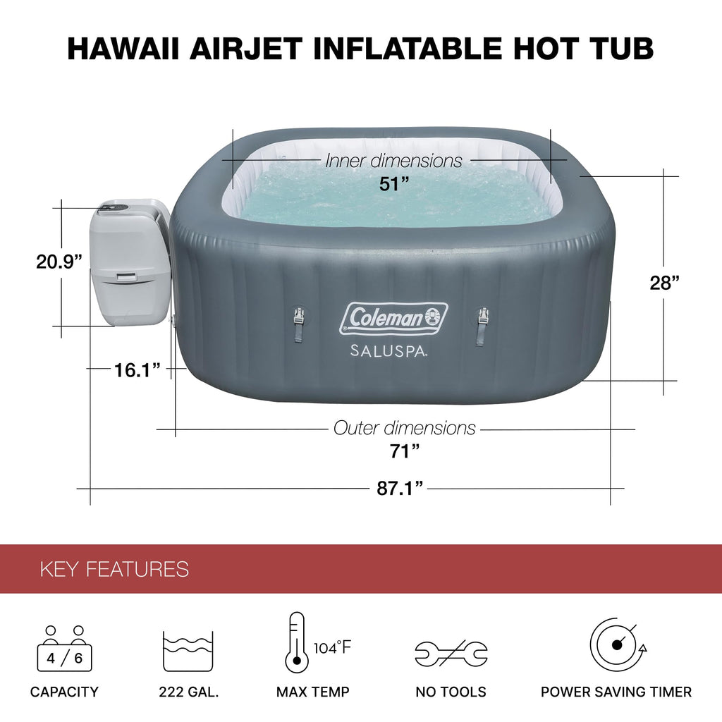 Coleman SaluSpa AirJet 4 to 6 Person Inflatable Hot Tub Square Portable Outdoor Spa with 140 Soothing AirJets and Insulated Cover, Gray