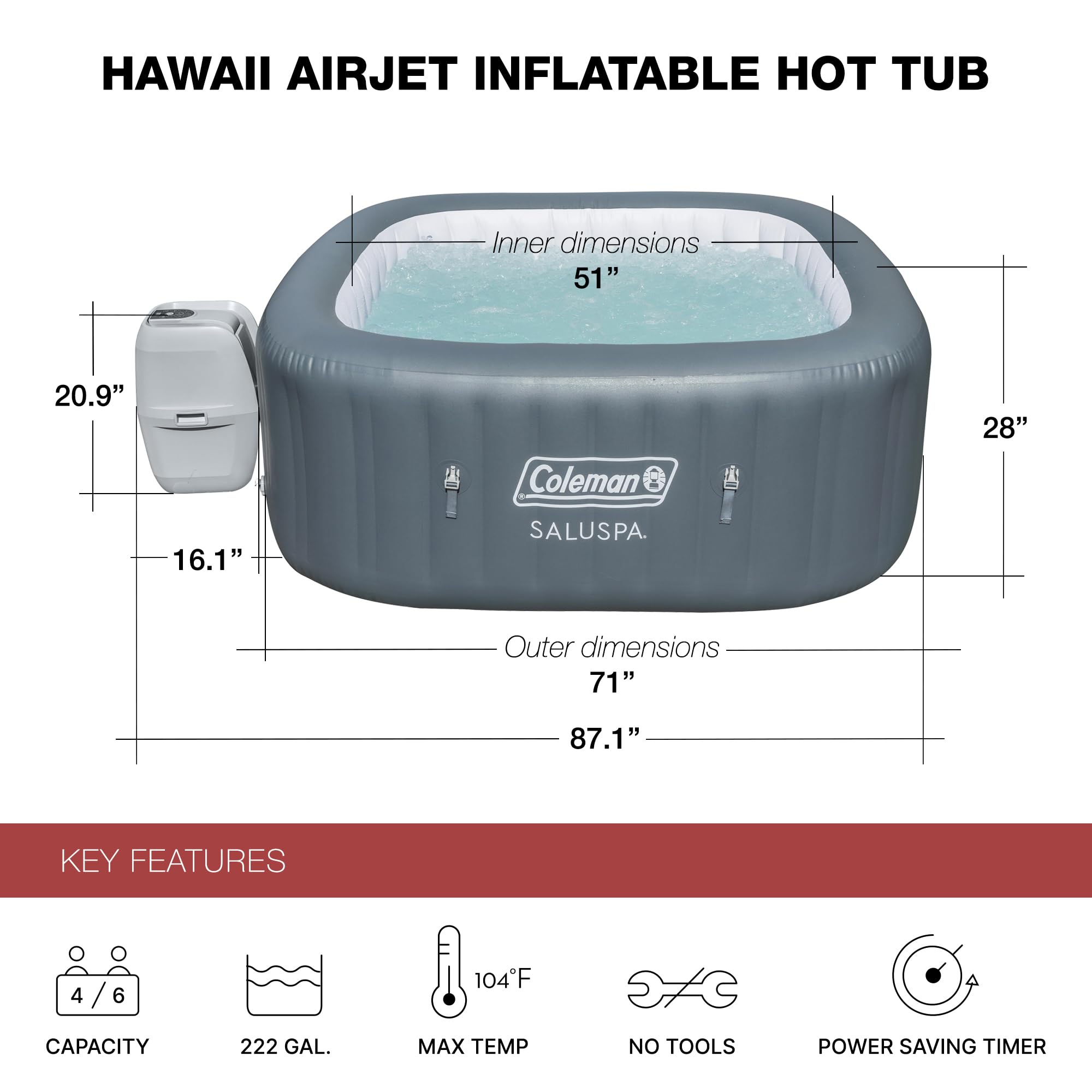 Coleman SaluSpa AirJet 4 to 6 Person Inflatable Hot Tub Square Portable Outdoor Spa with 140 Soothing AirJets and Insulated Cover, Gray