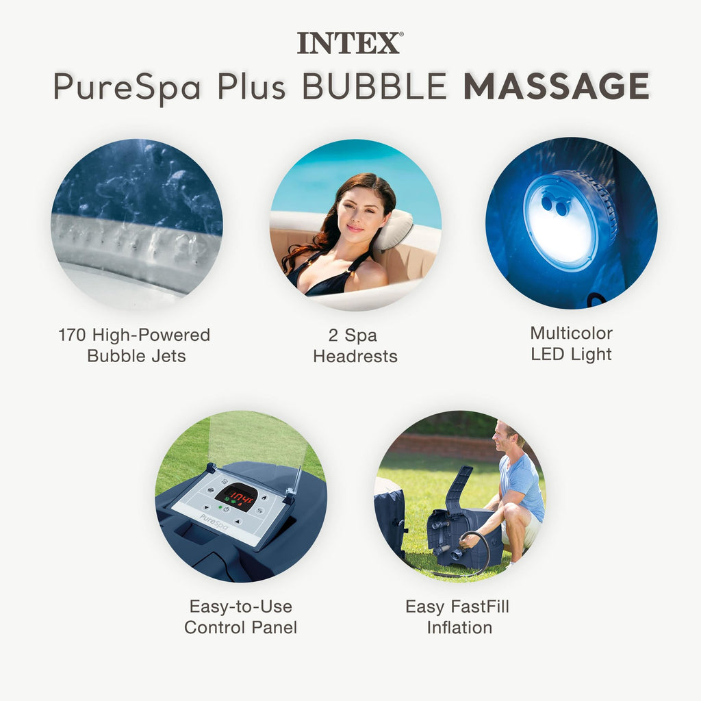 INTEX PureSpa Plus 6 Person Round Inflatable Hot Tub, Bubble Massage Spa Set with Energy Efficient Cover, 2 Headrests, & LED Light, 85 in x 28 in