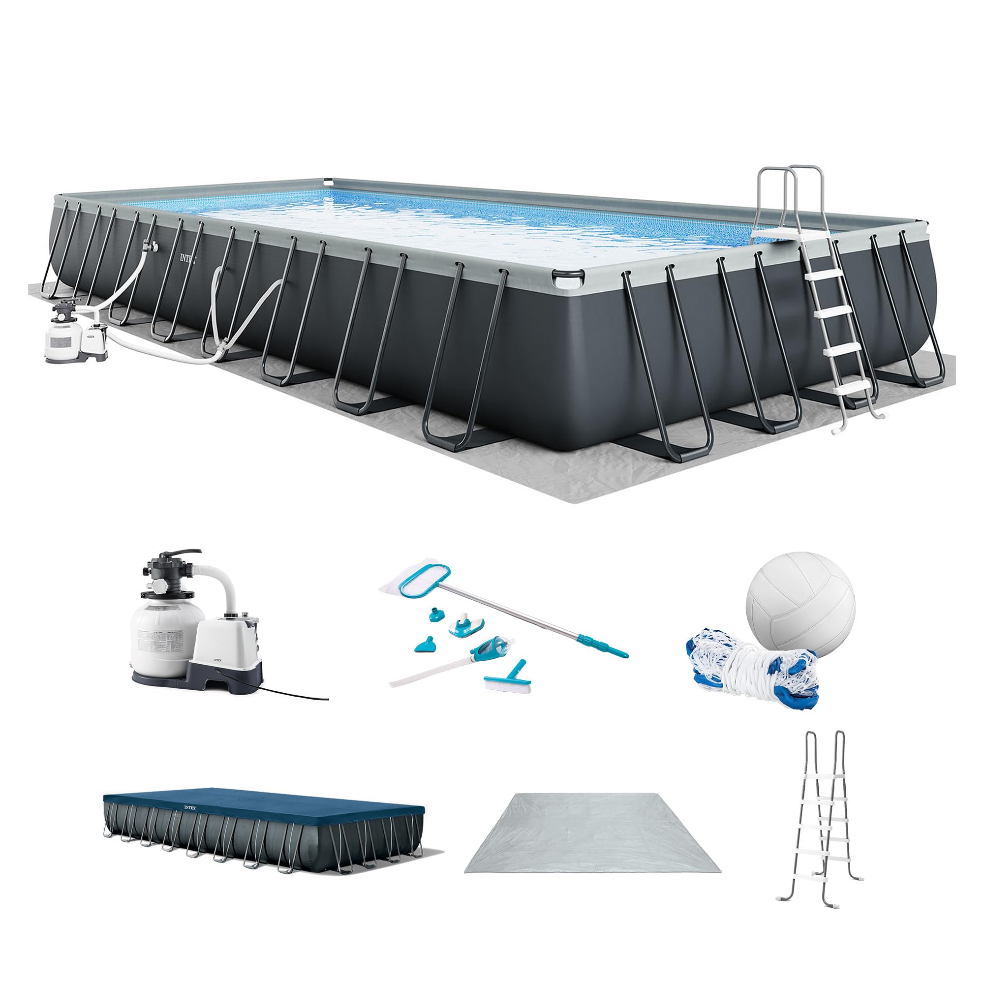INTEX Ultra XTR 18 ft x 9 ft 52 in Above Ground Pool Set, Rectangular Swimming Pool with Steel Frame, 1500 GPH Sand Filter Pump, Ladder, Cover, & Ground Cloth