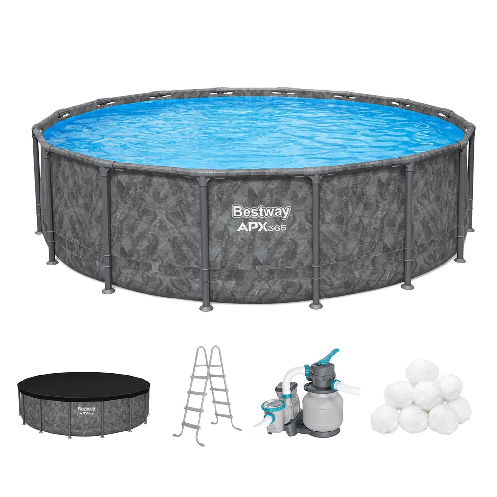Bestway APX 365 18' x 52" Above Ground Pool, Round Metal Frame Outdoor Swimming Pool Set with Sand Filter Pump, Ladder, and Cover, Dark Marble