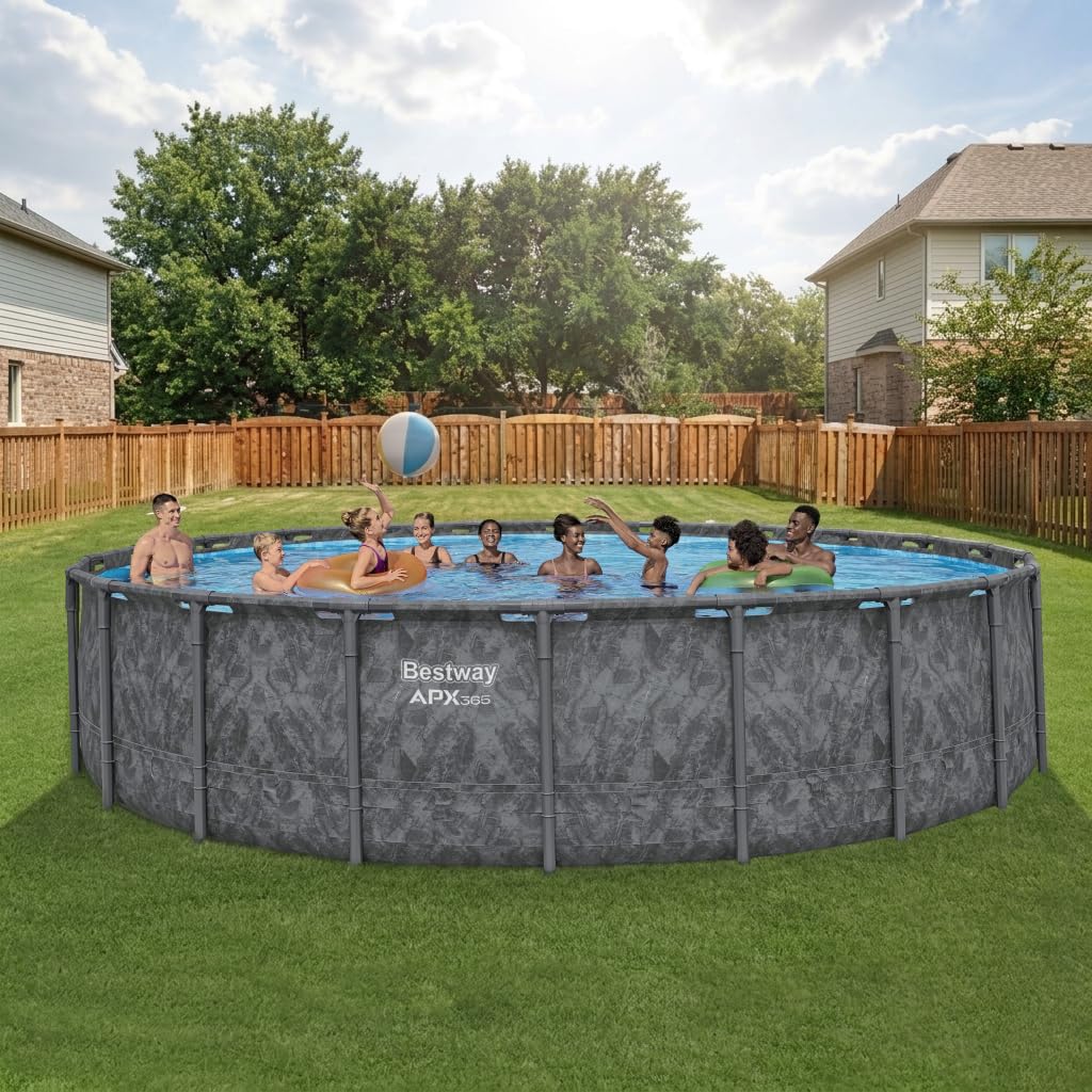 Bestway APX 365 18' x 52" Above Ground Pool, Round Metal Frame Outdoor Swimming Pool Set with Sand Filter Pump, Ladder, and Cover, Dark Marble