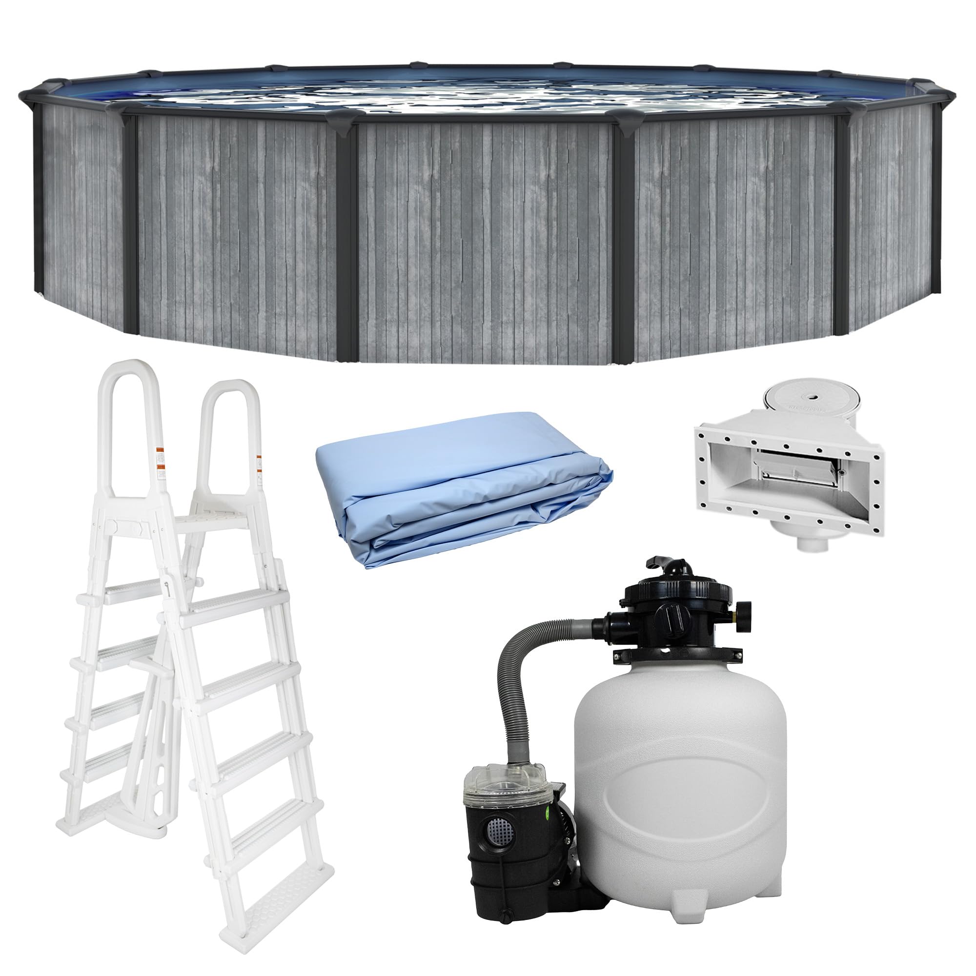 Blue Wave San Pedro 24-ft Round 52-in Deep Hard Sided Steel Frame Above Ground Pool with 6-in Steel Top Seats, Dual-Speed Sand Filter System, Ladder, Skimmer & Liner – 12,600 Gallon Cap for Family Use