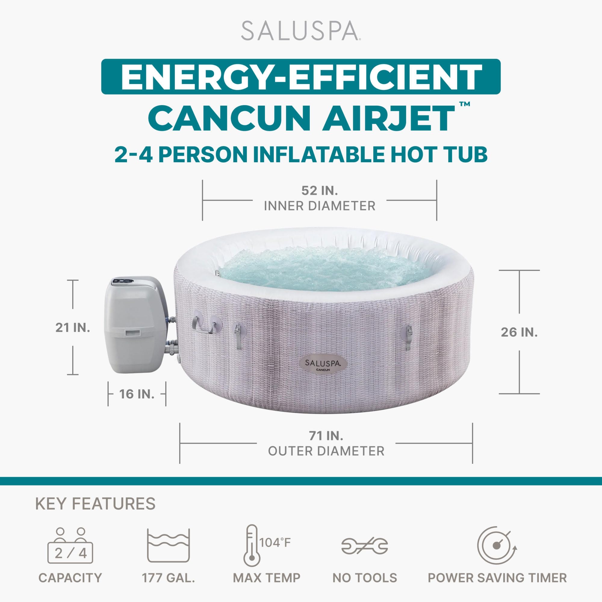 Bestway SaluSpa Cancun 2 to 4 Person Inflatable Hot Tub, Round Energy-Efficient Portable Outdoor Spa with 120 AirJets, 71" x 26"