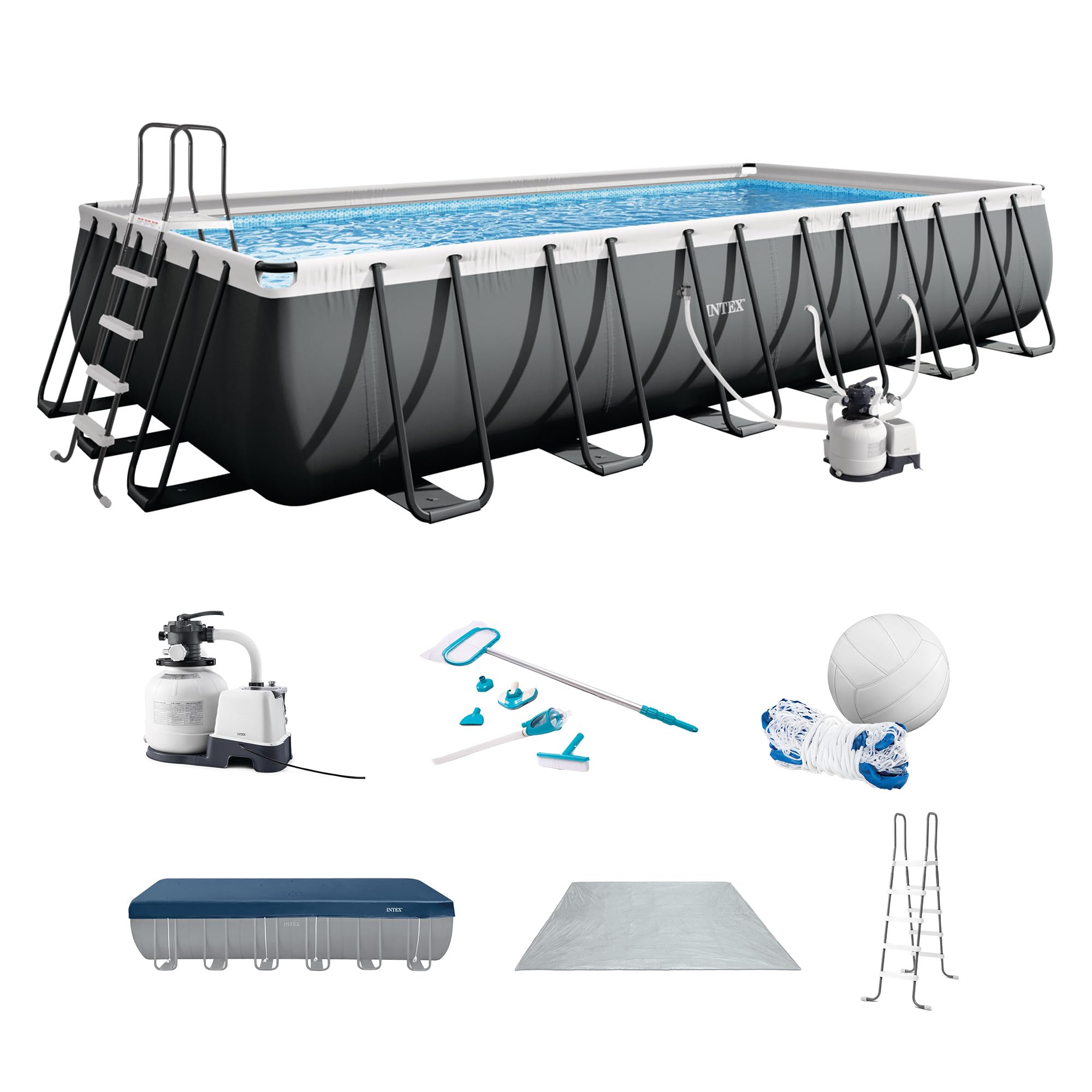 INTEX Ultra XTR 18 ft x 9 ft 52 in Above Ground Pool Set, Rectangular Swimming Pool with Steel Frame, 1500 GPH Sand Filter Pump, Ladder, Cover, & Ground Cloth