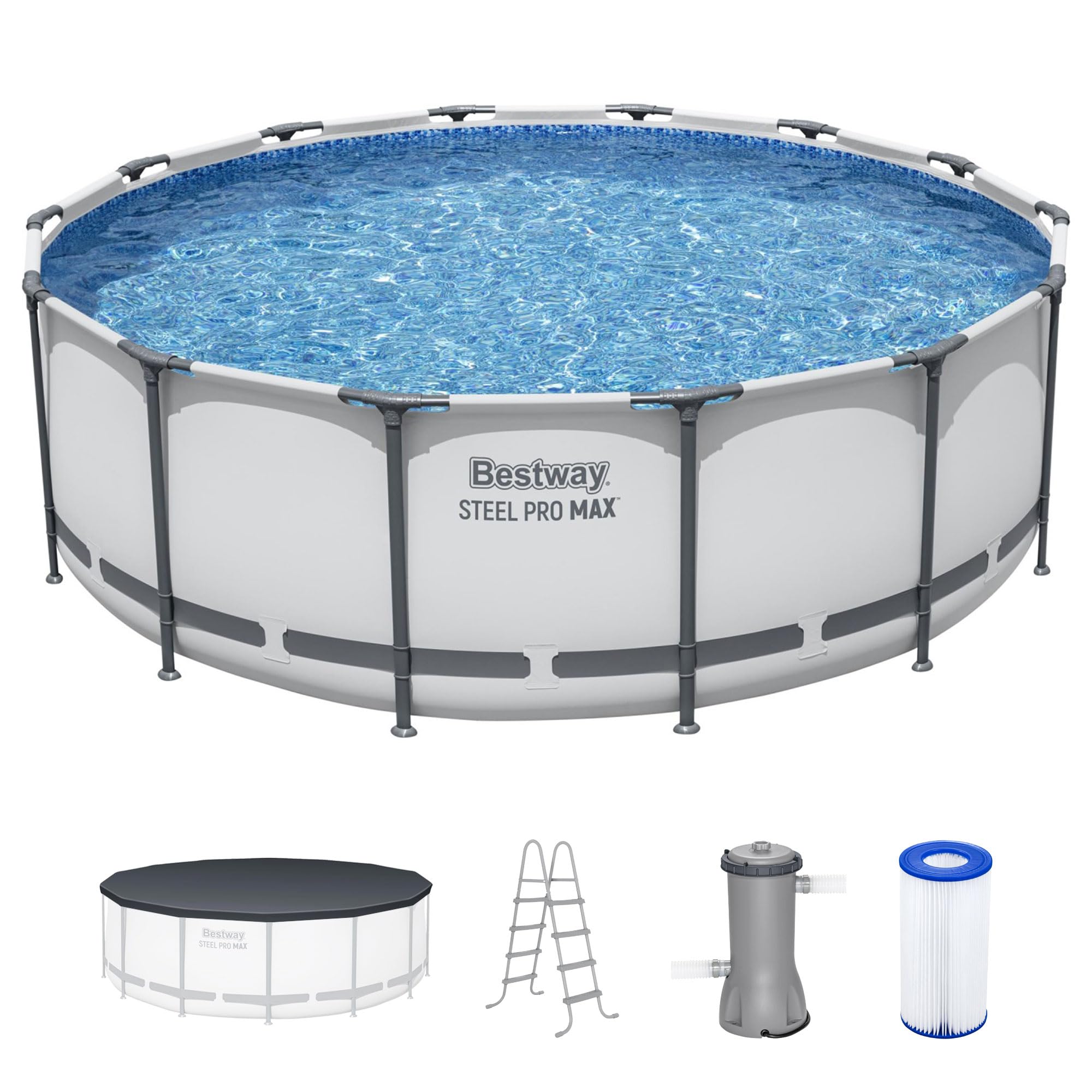 Bestway Steel Pro MAX 14' x 48" Above Ground Pool, Round Metal Frame Outdoor Swimming Pool Set with Filter Pump, Ladder, and Cover, Gray