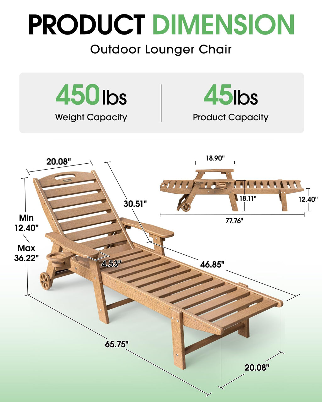 Lounge Chair Outdoor Set of 2, HDPE Chaise Lounge Outdoor, Pool Lounge Chair for Pool Poolside Deck Backyard Patio, Teak