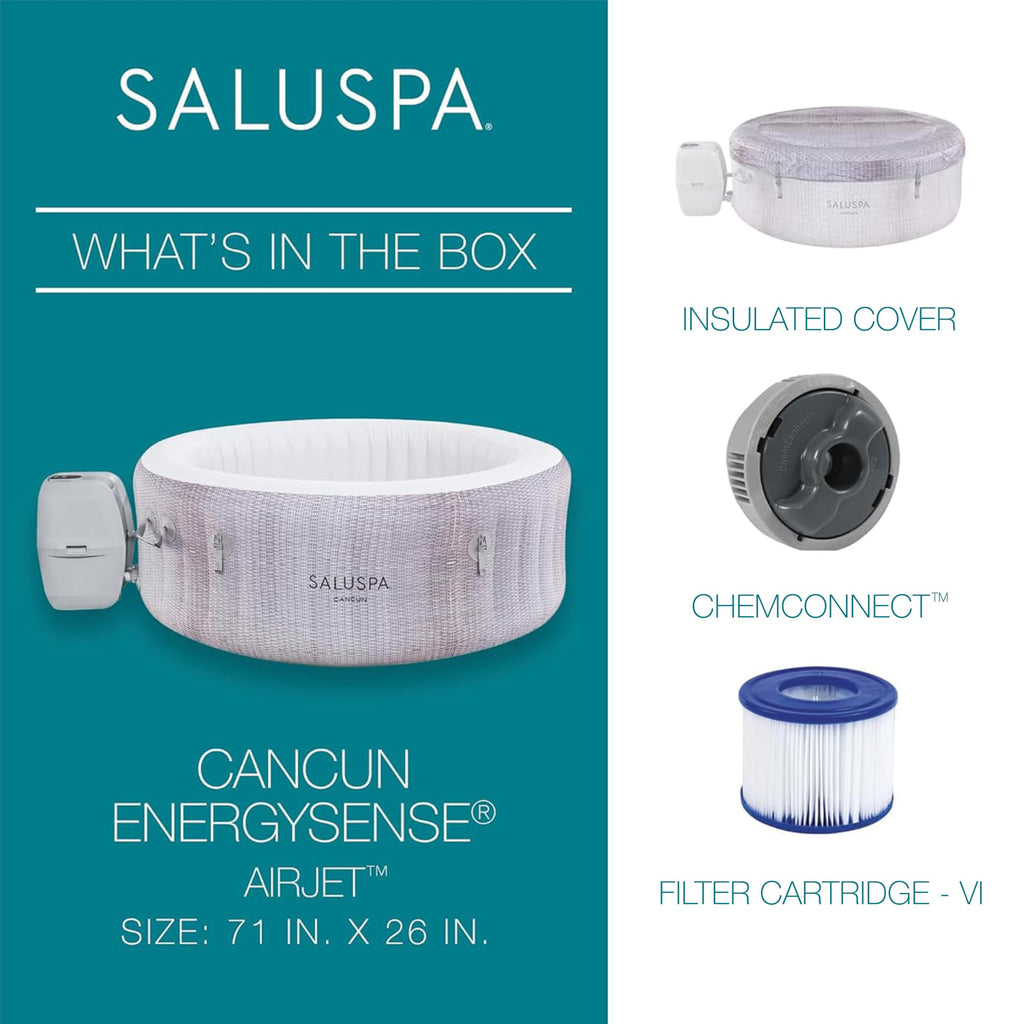 Bestway SaluSpa Cancun 2 to 4 Person Inflatable Hot Tub, Round Energy-Efficient Portable Outdoor Spa with 120 AirJets, 71" x 26"