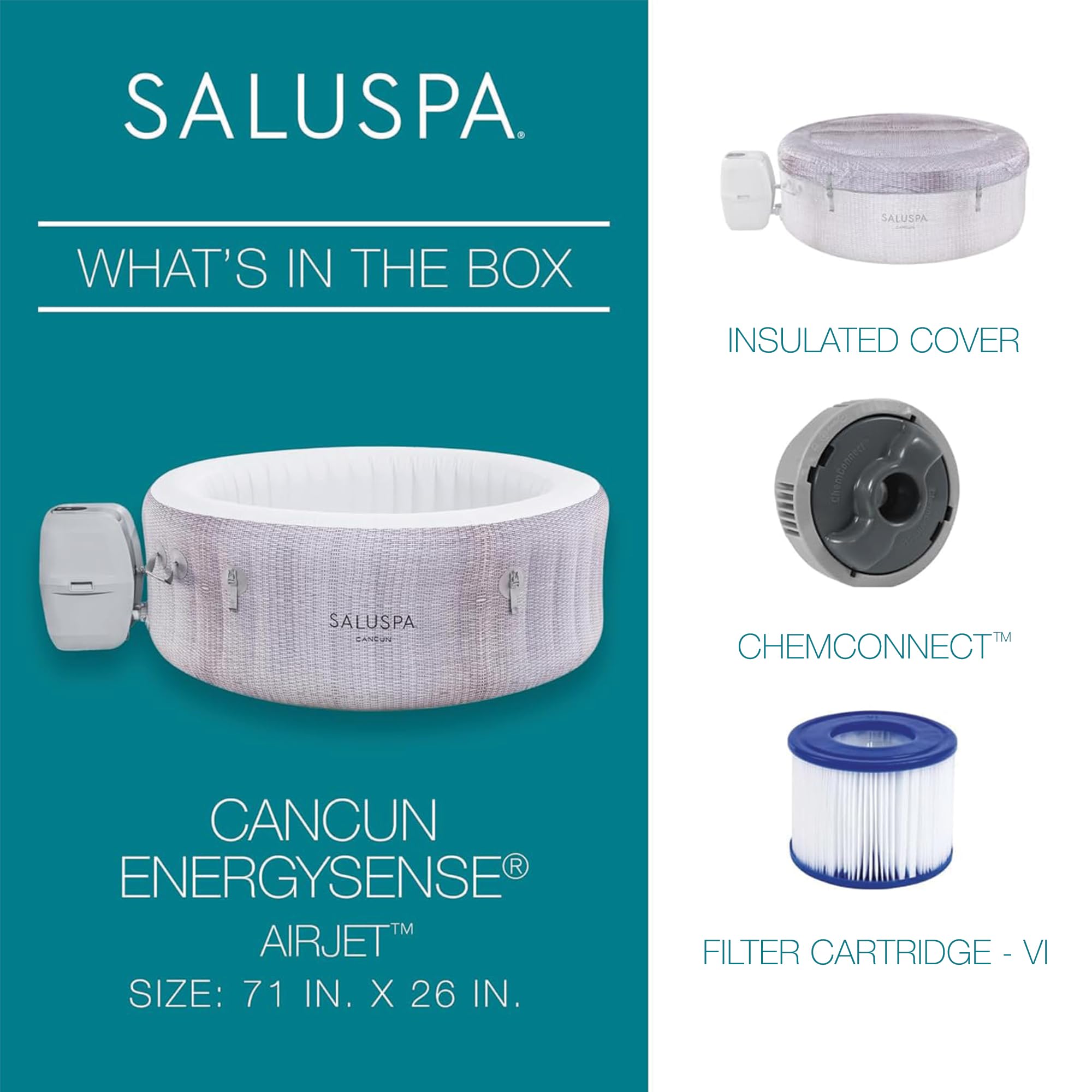 Bestway SaluSpa Cancun 2 to 4 Person Inflatable Hot Tub, Round Energy-Efficient Portable Outdoor Spa with 120 AirJets, 71" x 26"
