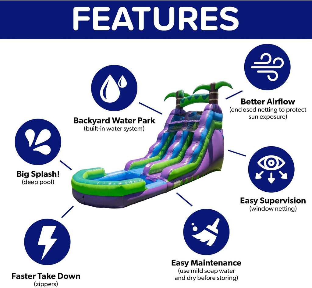 HeroKiddo 16ft Tropical Inflatable Water Slide with Pool, 25ft Long- 100% Commercial Grade PVC Vinyl, Reinforced Strength Wet/Dry Fun, Front Load Entry for Easy Supervision