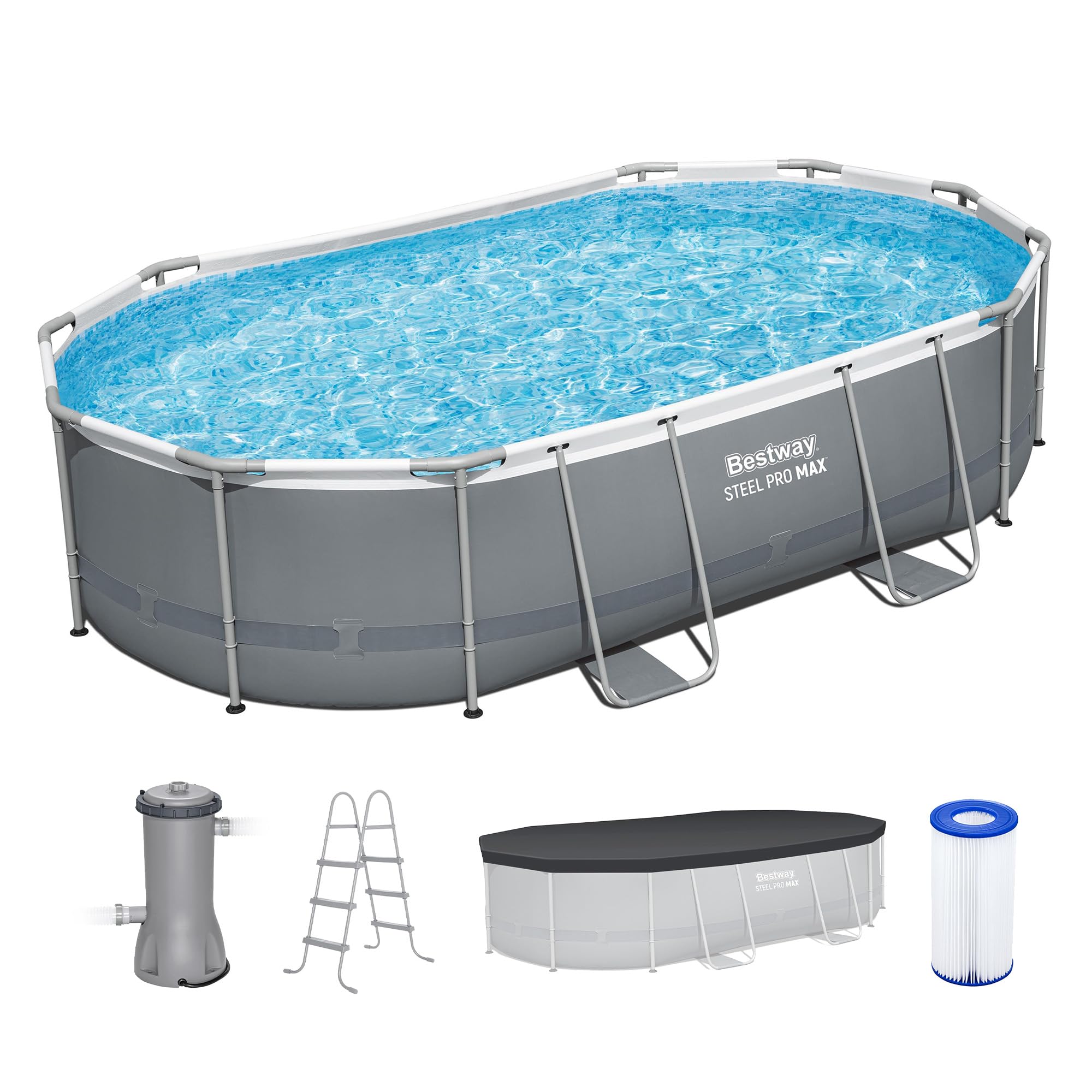 Bestway Power Steel 20’ x 12’ x 48” Above Ground Pool, Oval Metal Frame Outdoor Swimming Pool Set with Filter Pump, Ladder, and Cover