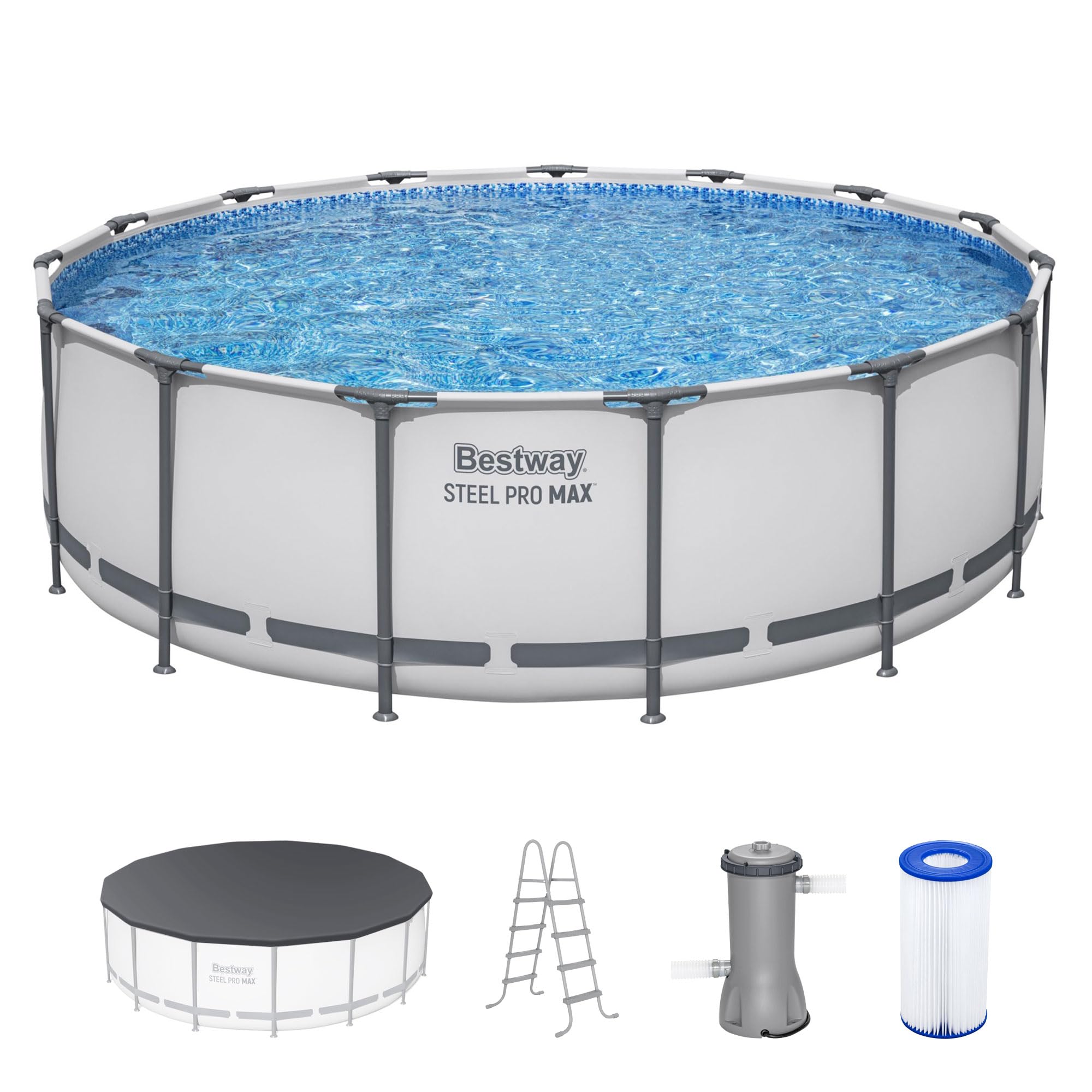Bestway Steel Pro MAX 14' x 48" Above Ground Pool, Round Metal Frame Outdoor Swimming Pool Set with Filter Pump, Ladder, and Cover, Gray