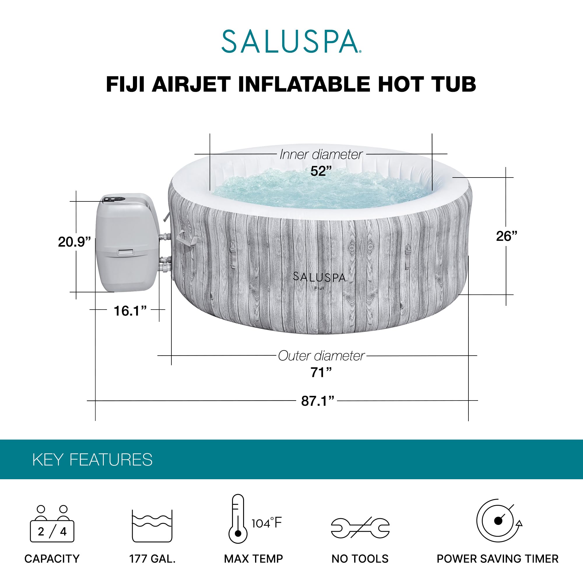 Bestway SaluSpa Fiji 2 to 4 Person Inflatable Hot Tub, Round Energy-Efficient Portable Outdoor Spa with 120 AirJets, 71" x 26"