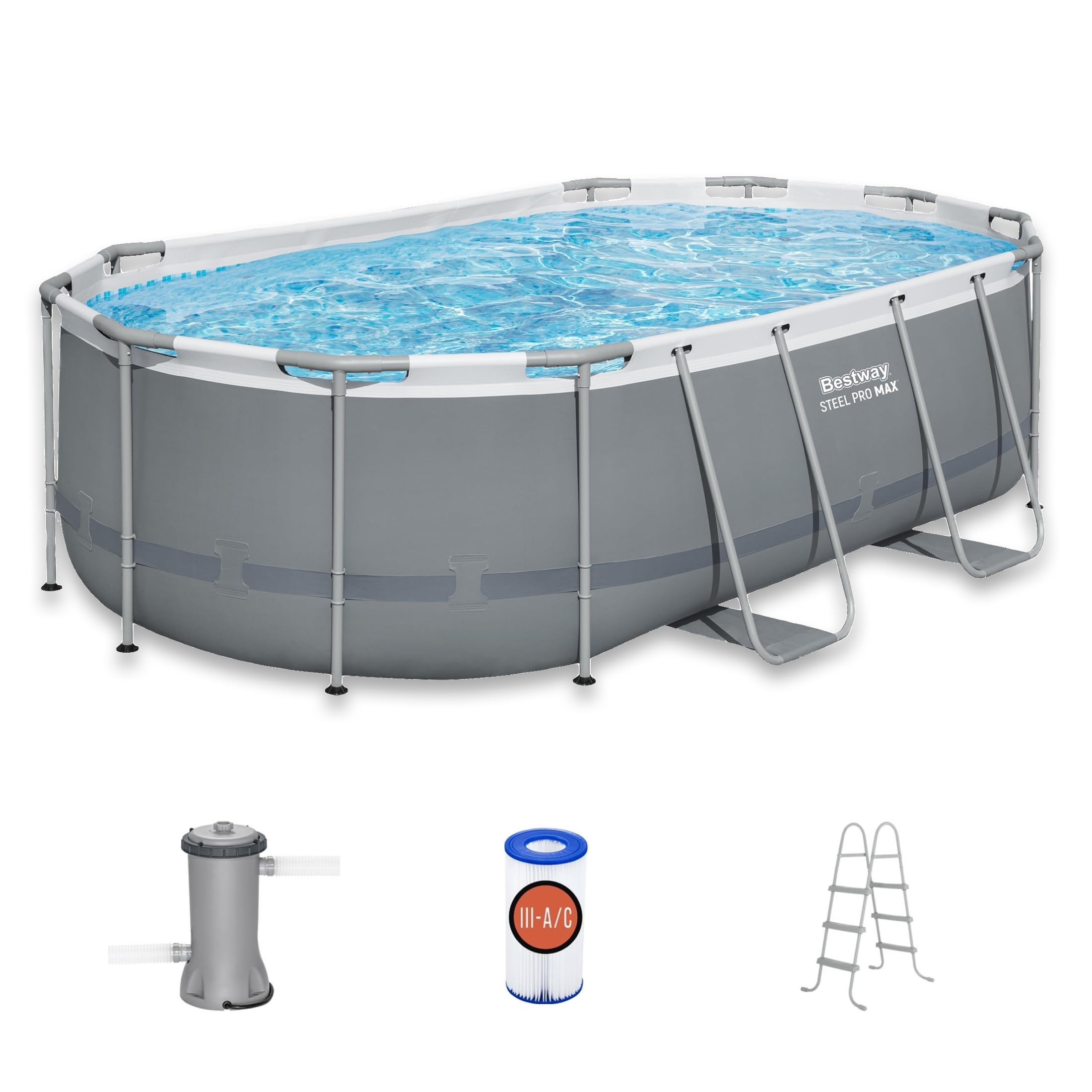 Bestway Steel Pro MAX 14' x 8'2" x 39.5" Oval Above Ground Swimming Pool Set, 530 GPH Filter Pump, Ladder, Tritech Puncture Resistant Liner, ClickConnect Steel Frame, Gray