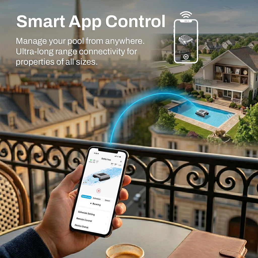 Betta Neo Solar-Powered Robotic Pool Skimmer with App Control & Ultra Long-Range Gateway System, Weather-Adaptive & Scheduled Cleaning, Dual Charging Options, for In-Ground & Above-Ground Pools (Grey)