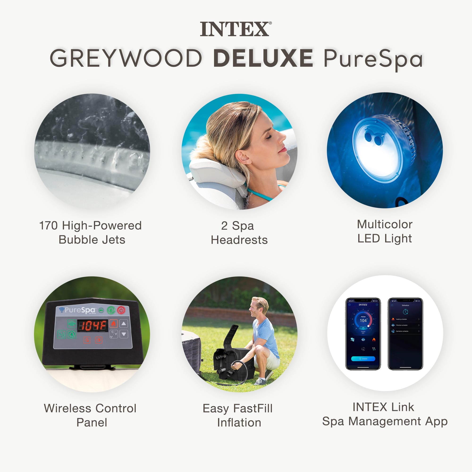 INTEX 28439EH PureSpa Greywood Deluxe Spa Set: Includes Energy Efficient Spa Cover - 140 Bubble Jets - Round Design - 4 Person Capacity - 77" x 28"