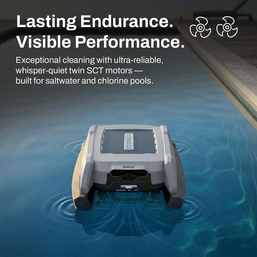 Betta Neo Solar-Powered Robotic Pool Skimmer with App Control & Ultra Long-Range Gateway System, Weather-Adaptive & Scheduled Cleaning, Dual Charging Options, for In-Ground & Above-Ground Pools (Grey)