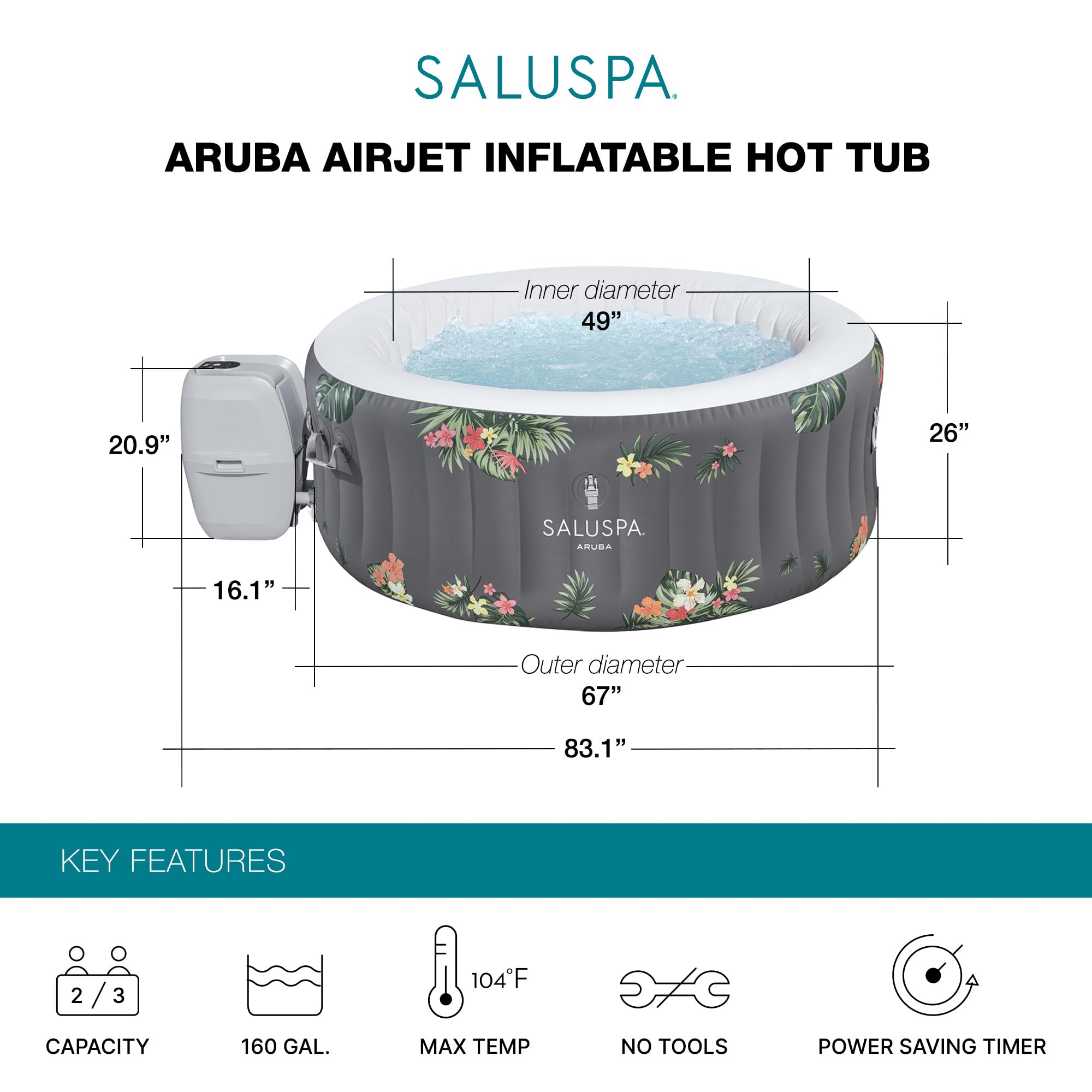 Bestway SaluSpa Cancun 2 to 4 Person Inflatable Hot Tub, Round Energy-Efficient Portable Outdoor Spa with 120 AirJets, 71" x 26"