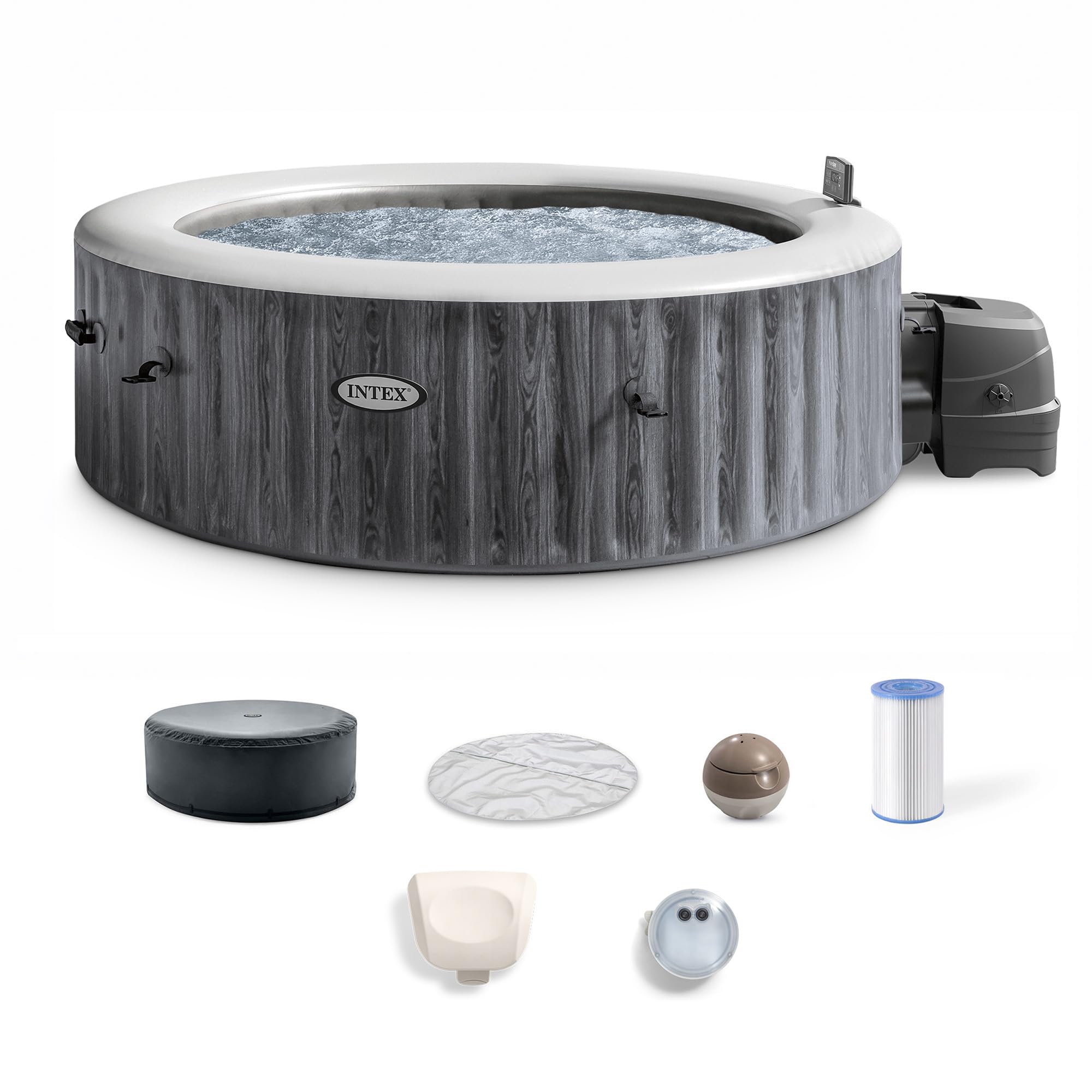 INTEX 28439EH PureSpa Greywood Deluxe Spa Set: Includes Energy Efficient Spa Cover - 140 Bubble Jets - Round Design - 4 Person Capacity - 77" x 28"