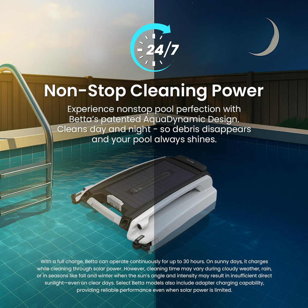 Betta SE Solar Powered Automatic Robotic Pool Surface Skimmer Cleaner with 24/7 Continuous Cleaning Battery Power and Re-Engineered Twin Salt Chlorine Tolerant Motors (Blue)