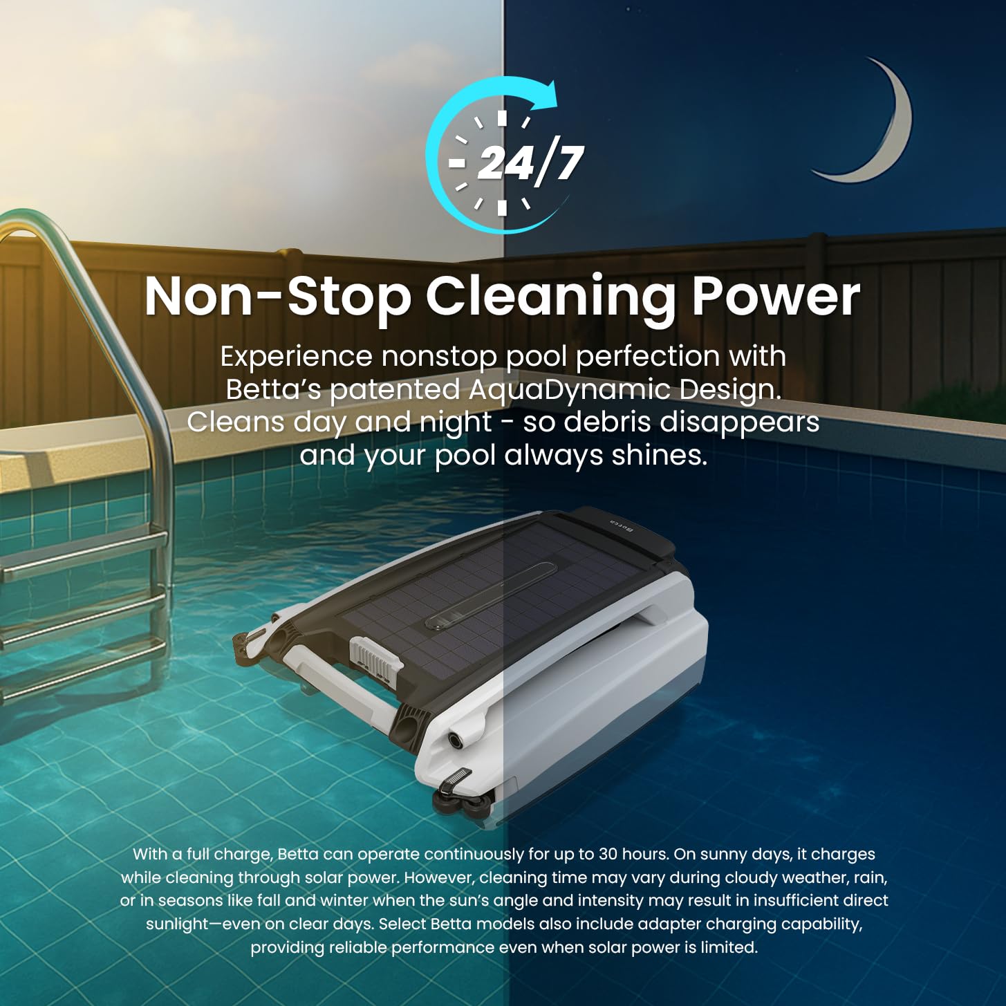 Betta SE Solar Powered Automatic Robotic Pool Surface Skimmer Cleaner with 24/7 Continuous Cleaning Battery Power and Re-Engineered Twin Salt Chlorine Tolerant Motors (Blue)