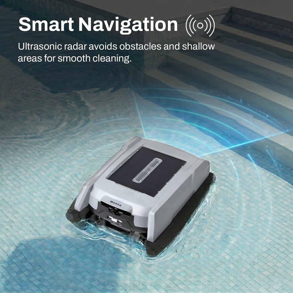 Betta Neo Solar-Powered Robotic Pool Skimmer with App Control & Ultra Long-Range Gateway System, Weather-Adaptive & Scheduled Cleaning, Dual Charging Options, for In-Ground & Above-Ground Pools (Grey)