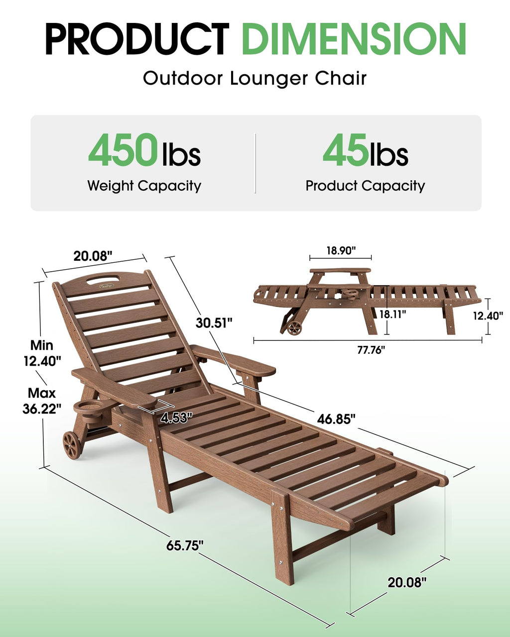 Lounge Chair Outdoor Set of 2, HDPE Chaise Lounge Outdoor, Pool Lounge Chair for Pool Poolside Deck Backyard Patio, Teak