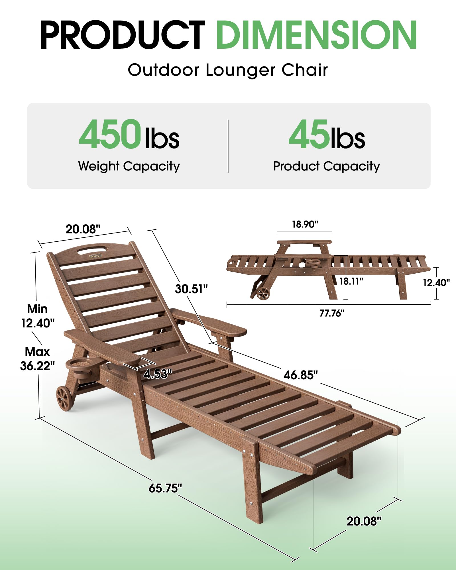 Lounge Chair Outdoor Set of 2, HDPE Chaise Lounge Outdoor, Pool Lounge Chair for Pool Poolside Deck Backyard Patio, Teak