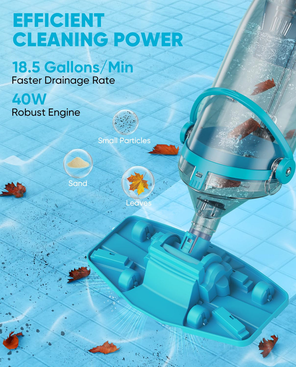 Cordless Pool Vacuum with Telescopic Pole, 18.5 GPM Powerful Suction, 1.5H Supercharge Technology, Handheld Pool Vacuum Cleaner for Above Ground/Inground Pools, Hot Tubs, Blue