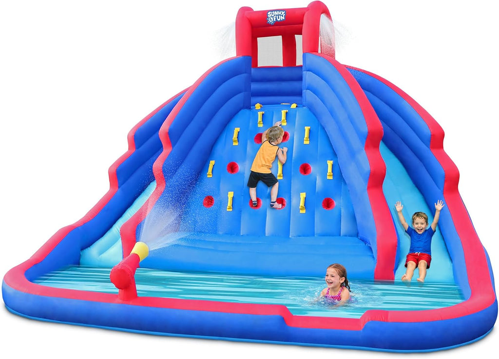 Sunny & Fun Ultra Climber Inflatable Water Slide Park – Heavy-Duty for Outdoor Fun - Climbing Wall, Two Slides & Splash Pool – Easy to Set Up & Inflate with Included Air Pump & Carrying Case