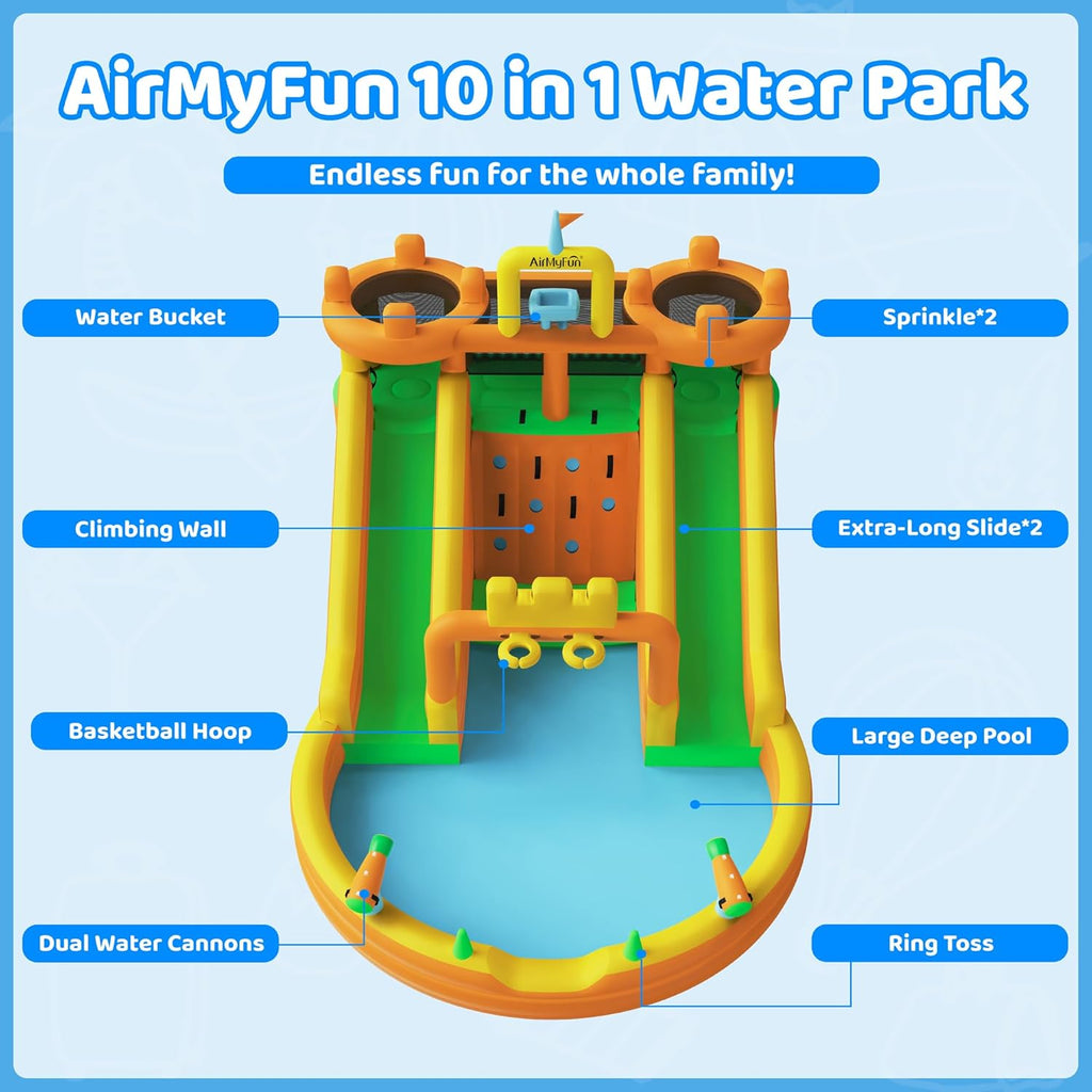 AirMyFun Inflatable Water Slide, 10 in 1 Multifunctional Water Park for Kids Backyard with Double Slides, Climbing Wall,2 Basketball Hoop,Dual Water Cannons, Inflatable Water Bounce House with Blower