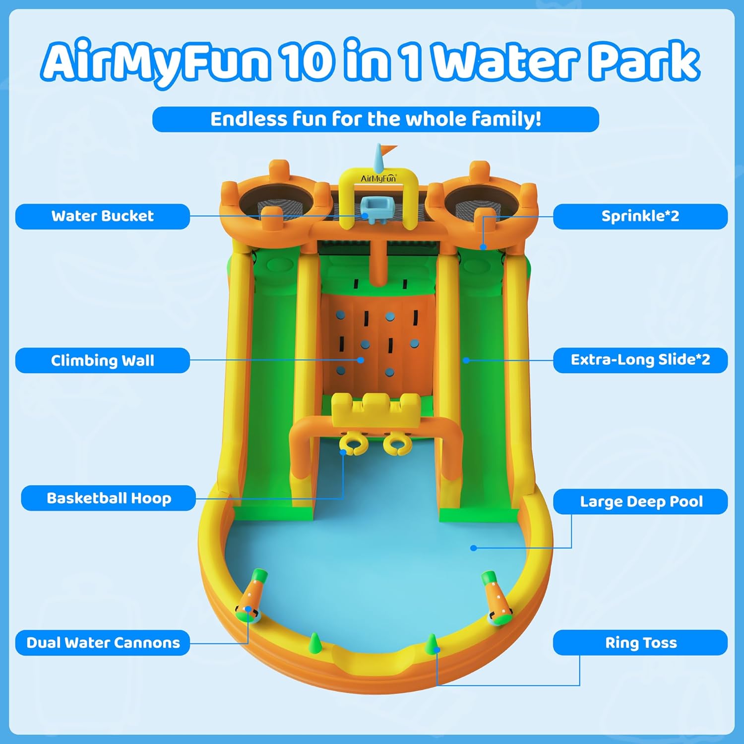 AirMyFun Inflatable Water Slide, 10 in 1 Multifunctional Water Park for Kids Backyard with Double Slides, Climbing Wall,2 Basketball Hoop,Dual Water Cannons, Inflatable Water Bounce House with Blower