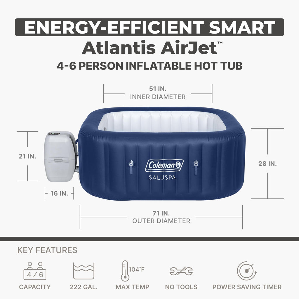 Coleman SaluSpa AirJet 4 to 6 Person Inflatable Hot Tub Square Portable Outdoor Spa with 140 Soothing AirJets and Insulated Cover, Gray