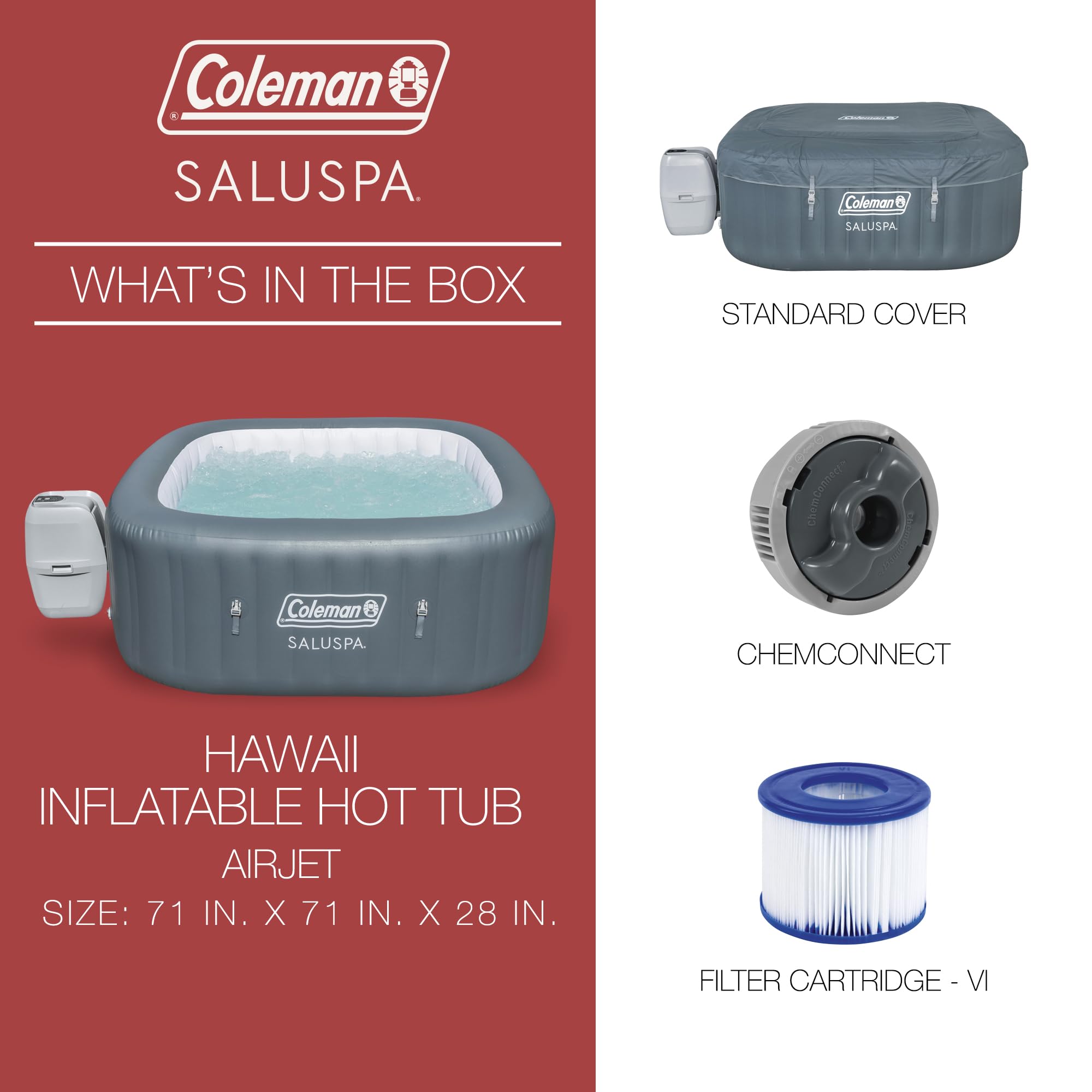 Coleman SaluSpa AirJet 4 to 6 Person Inflatable Hot Tub Square Portable Outdoor Spa with 140 Soothing AirJets and Insulated Cover, Gray