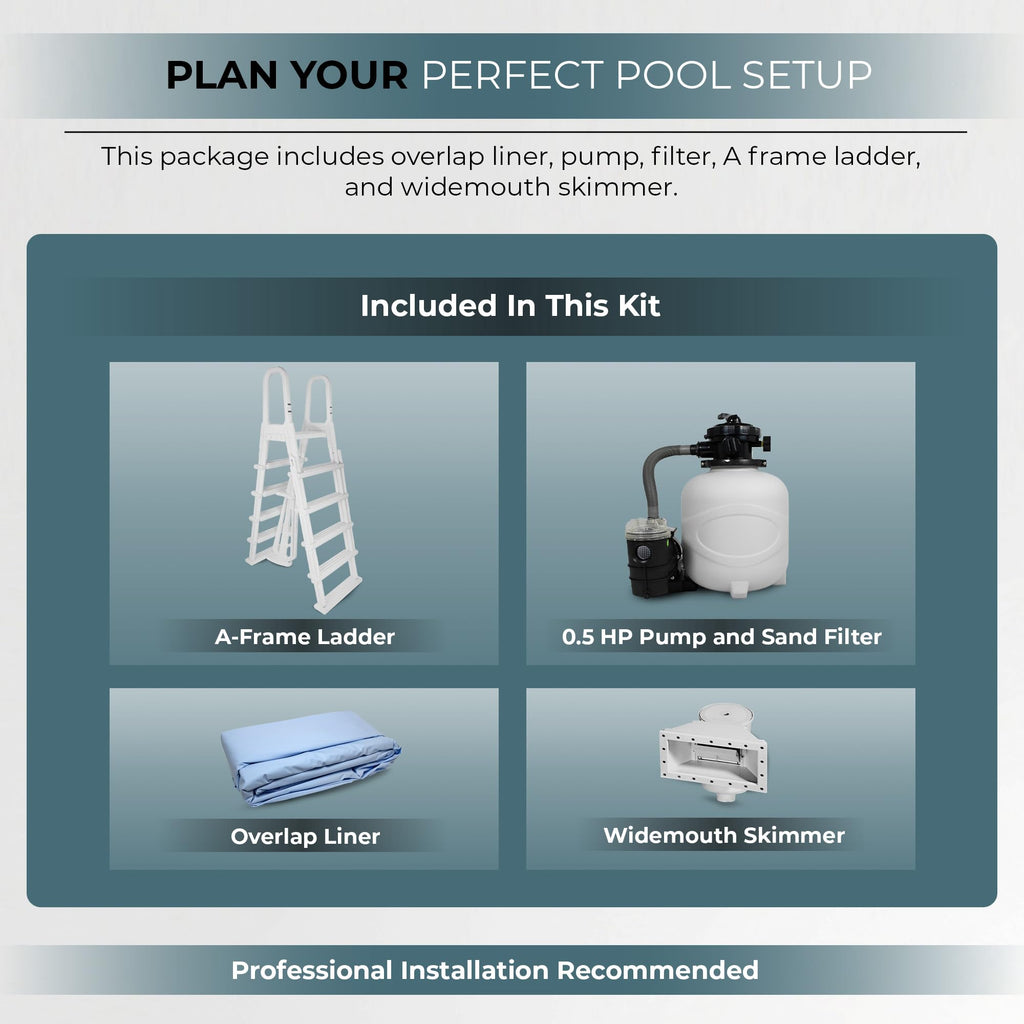 Blue Wave San Pedro 24-ft Round 52-in Deep Hard Sided Steel Frame Above Ground Pool with 6-in Steel Top Seats, Dual-Speed Sand Filter System, Ladder, Skimmer & Liner – 12,600 Gallon Cap for Family Use
