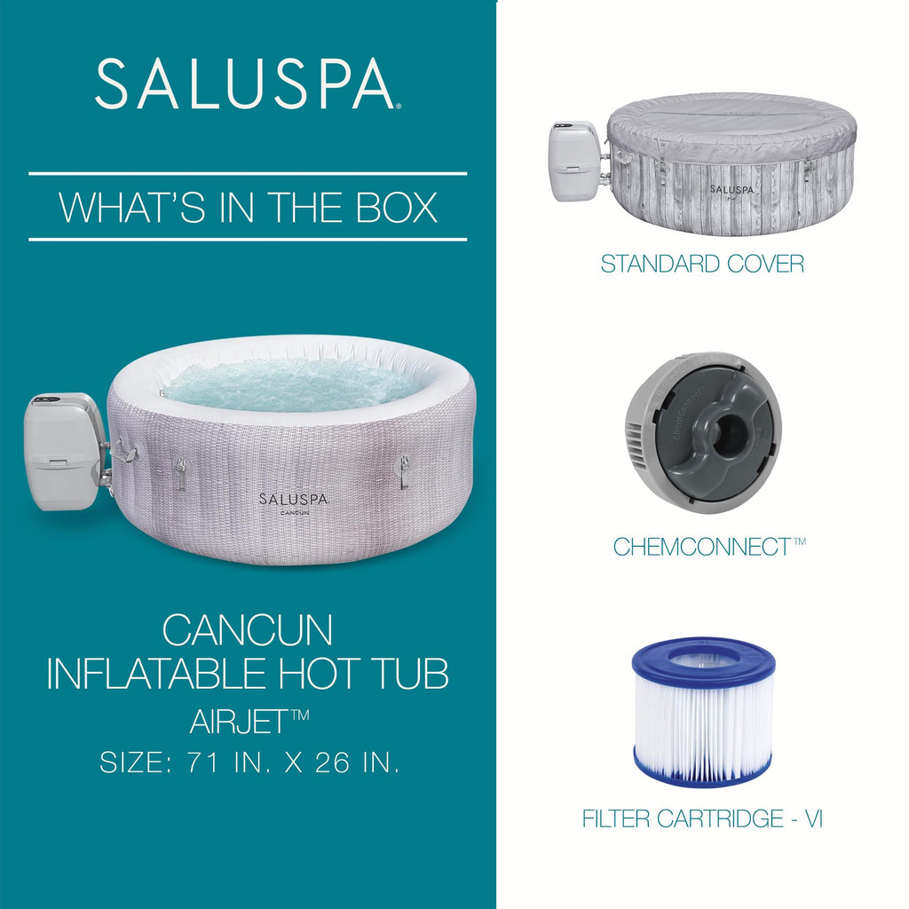 Bestway SaluSpa Cancun 2 to 4 Person Inflatable Hot Tub, Round Energy-Efficient Portable Outdoor Spa with 120 AirJets, 71" x 26"