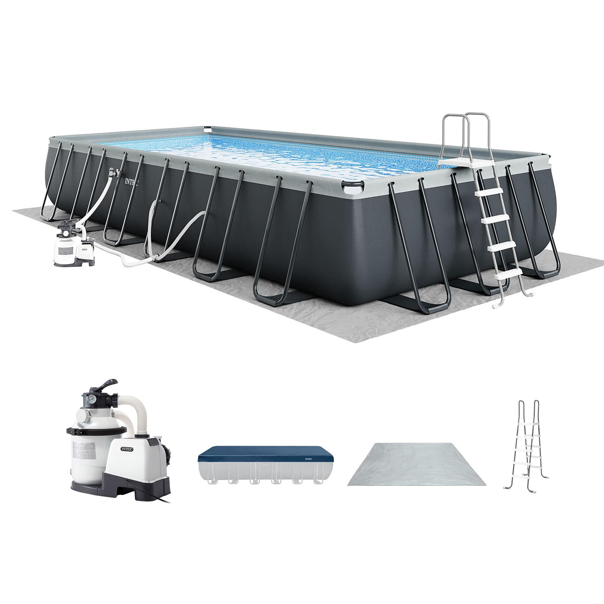 INTEX Ultra XTR 18 ft x 9 ft 52 in Above Ground Pool Set, Rectangular Swimming Pool with Steel Frame, 1500 GPH Sand Filter Pump, Ladder, Cover, & Ground Cloth