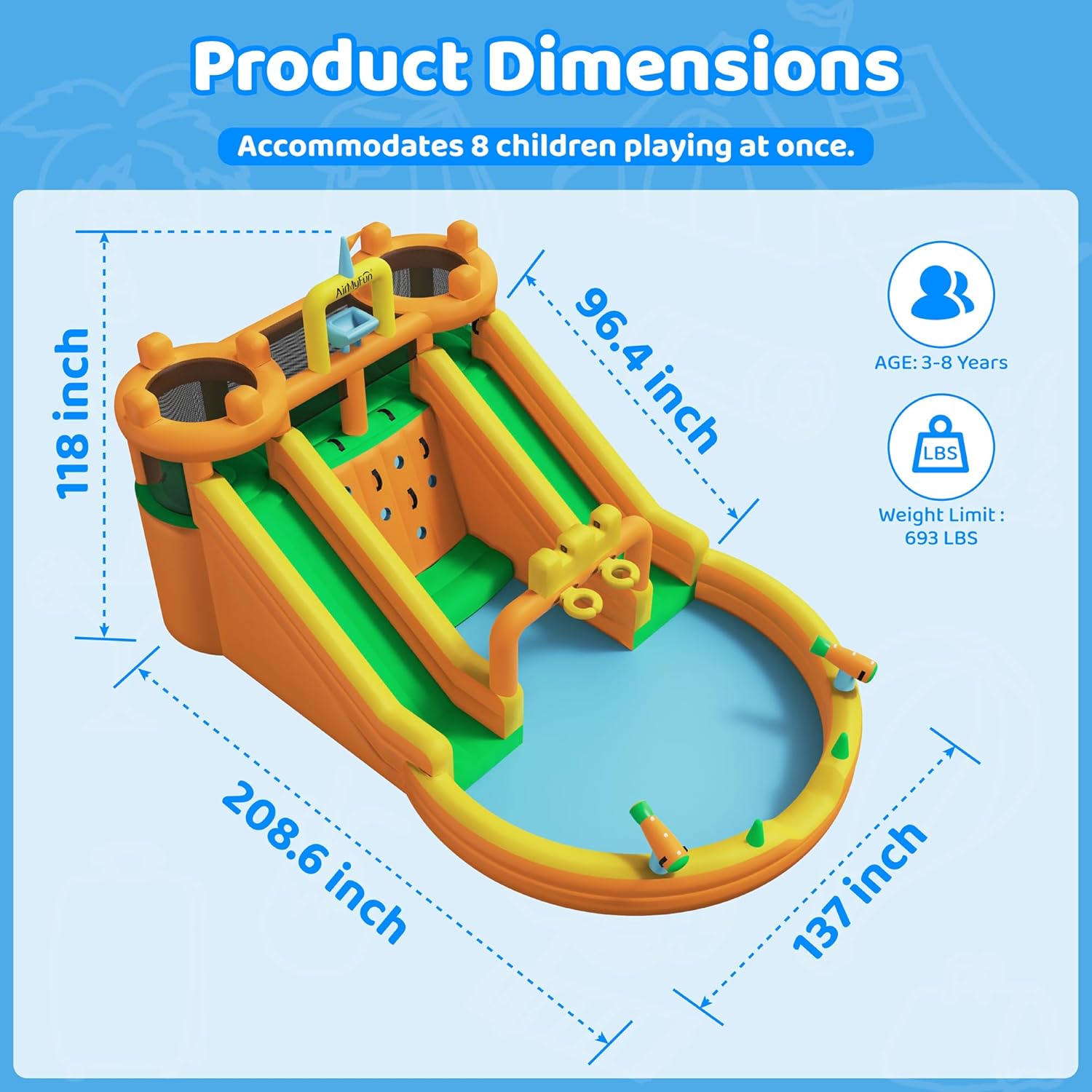 AirMyFun Inflatable Water Slide, 10 in 1 Multifunctional Water Park for Kids Backyard with Double Slides, Climbing Wall,2 Basketball Hoop,Dual Water Cannons, Inflatable Water Bounce House with Blower